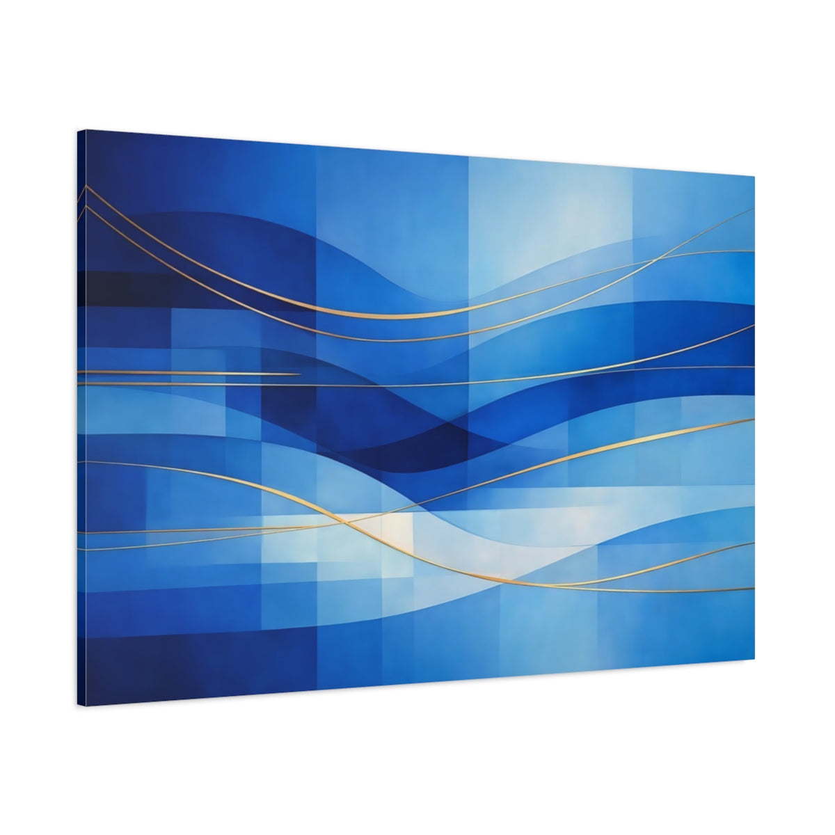 Main Mockup. Abstract Abstract Waves Blue And Gold shown as stretched canvas wall art