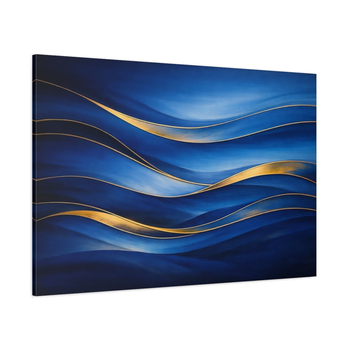 Main Mockup. Abstract Abstract Waves Blue And Gold shown as stretched canvas wall art