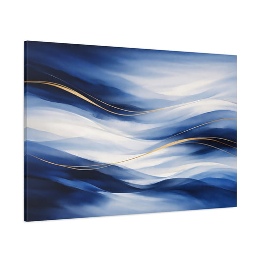 Main Mockup. Abstract Abstract Waves Blue And Gold shown as stretched canvas wall art