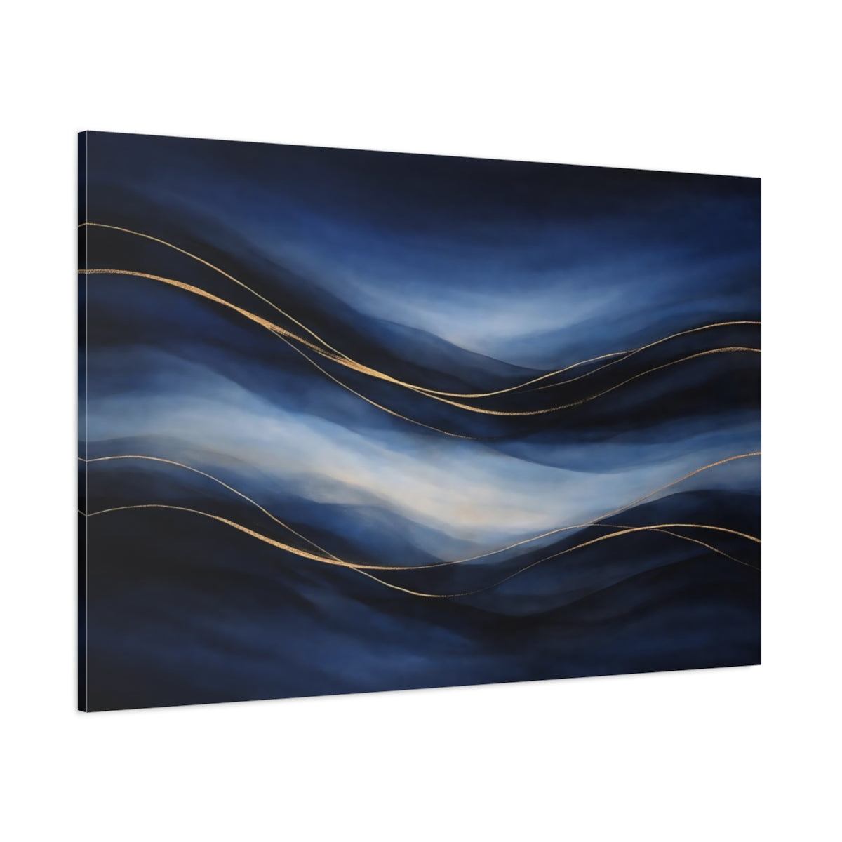 Main Mockup. Abstract Abstract Waves Blue And Gold shown as stretched canvas wall art