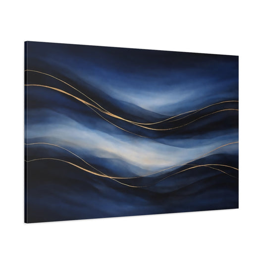 Main Mockup. Abstract Abstract Waves Blue And Gold shown as stretched canvas wall art