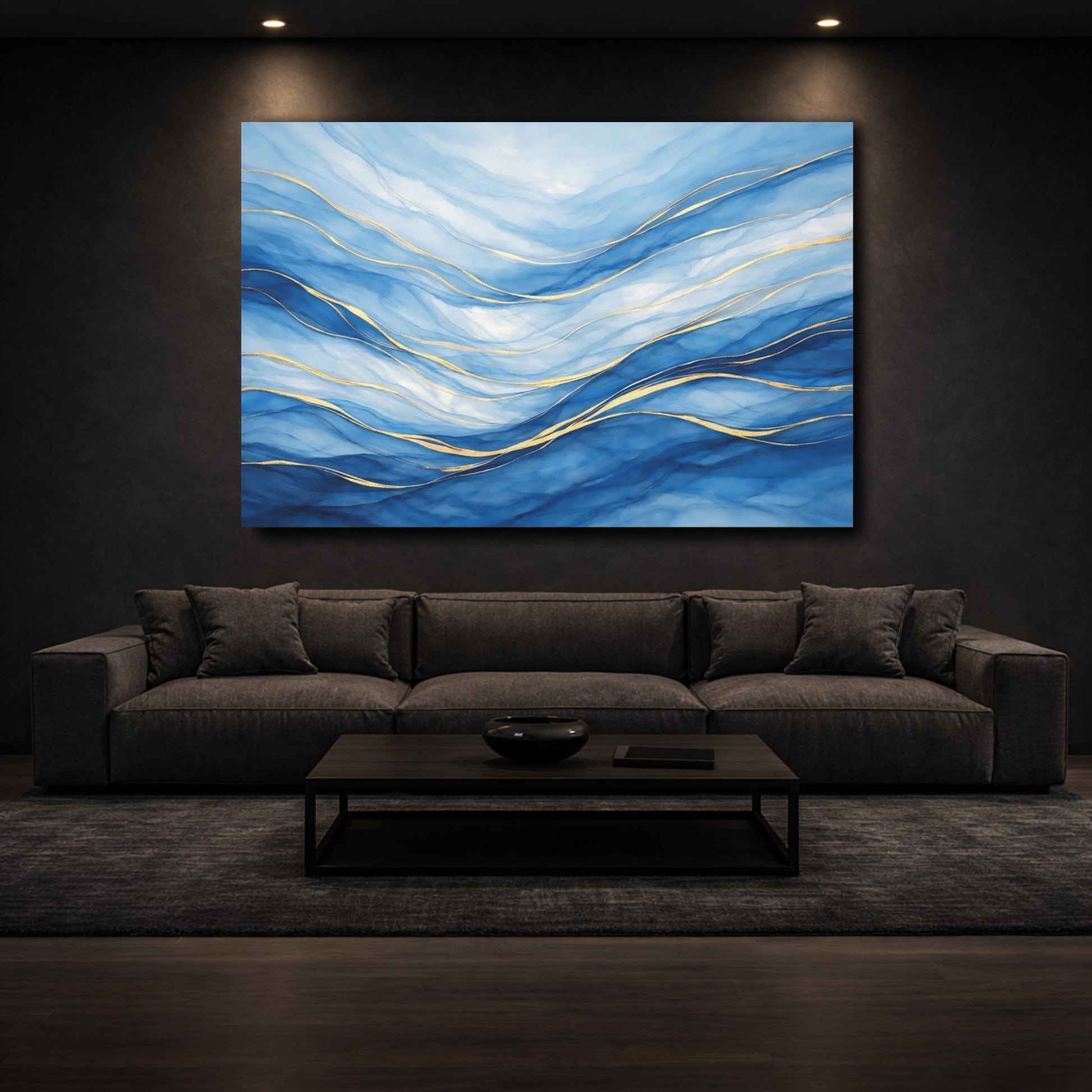 Mockup 2. Abstract Abstract Waves Blue And Gold shown as stretched canvas wall art