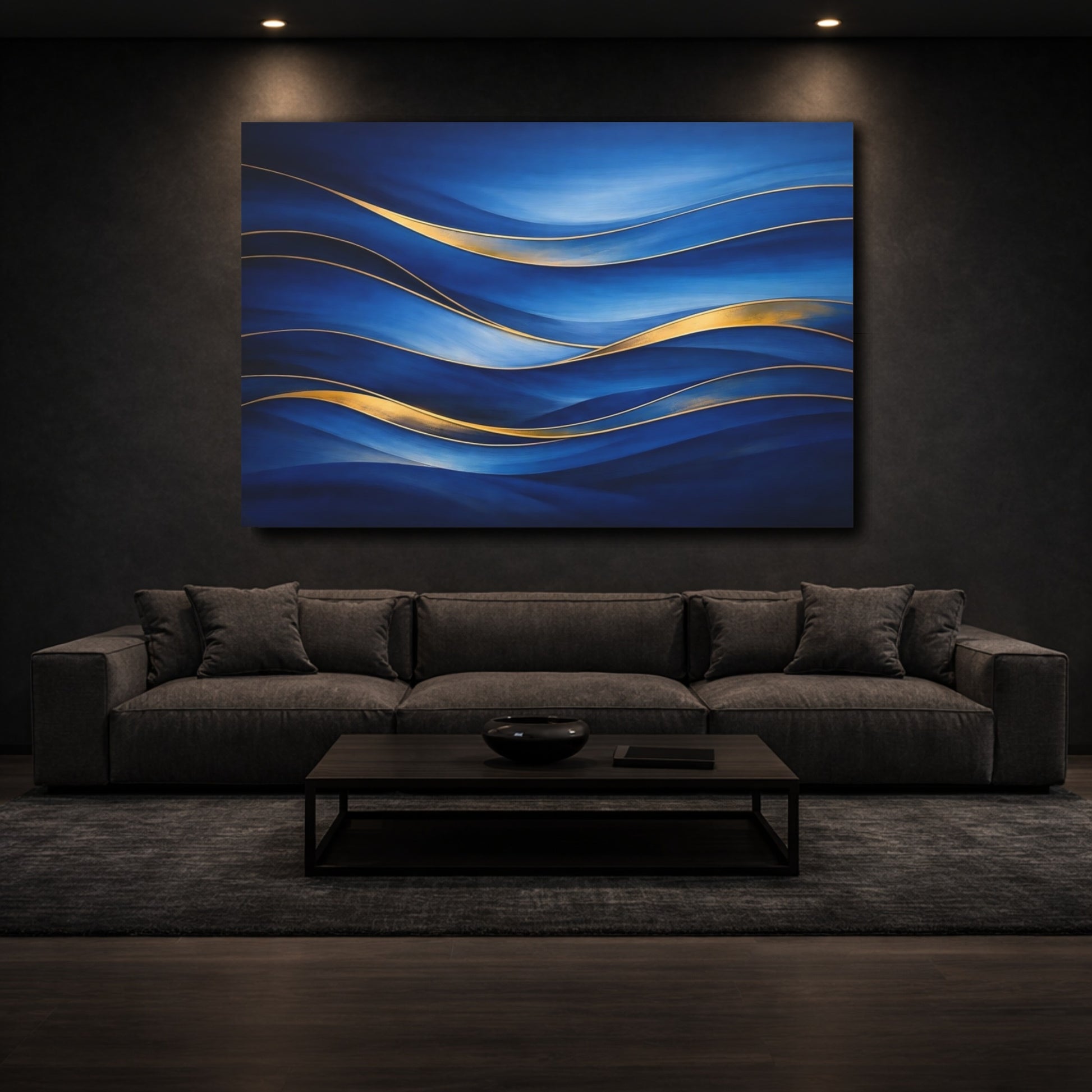 Mockup 2. Abstract Abstract Waves Blue And Gold shown as stretched canvas wall art