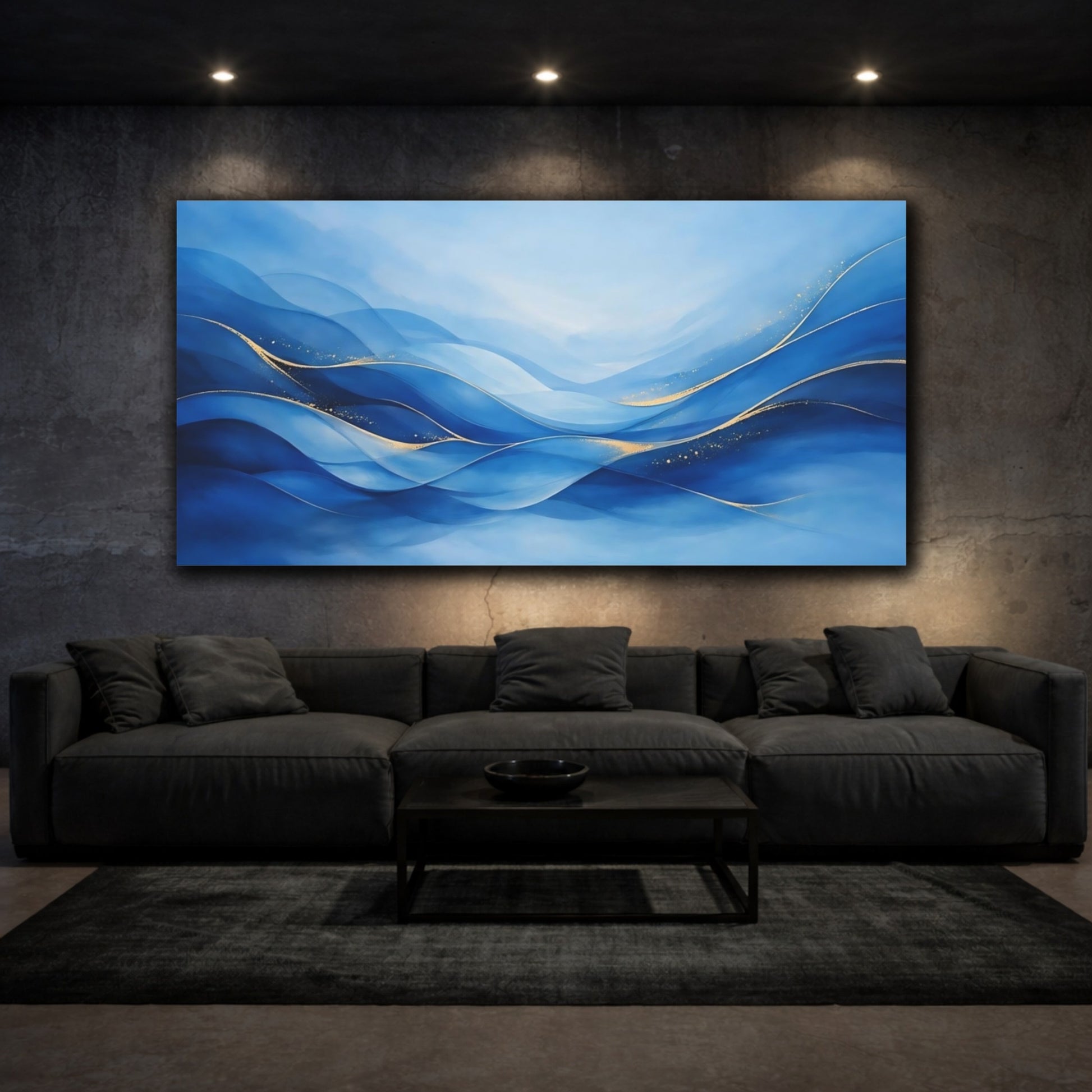 Mockup 2. Abstract Abstract Waves Blue And Gold shown as stretched canvas wall art