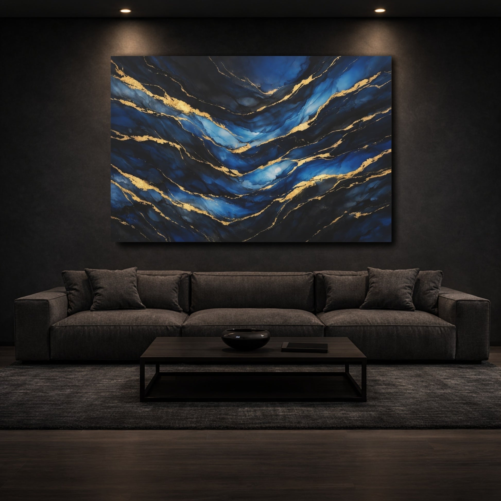 Mockup 2. Abstract Abstract Waves Blue And Gold shown as stretched canvas wall art