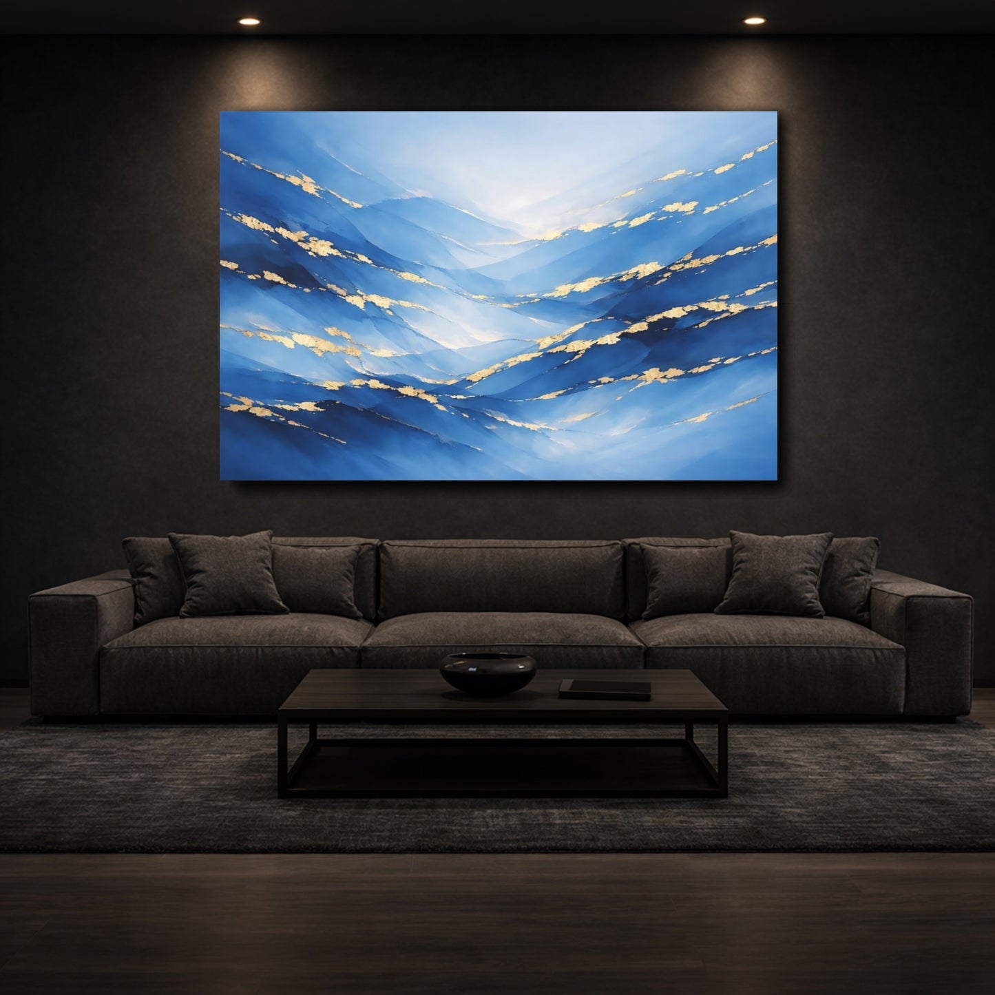 Mockup 2. Abstract Abstract Waves Blue And Gold shown as stretched canvas wall art