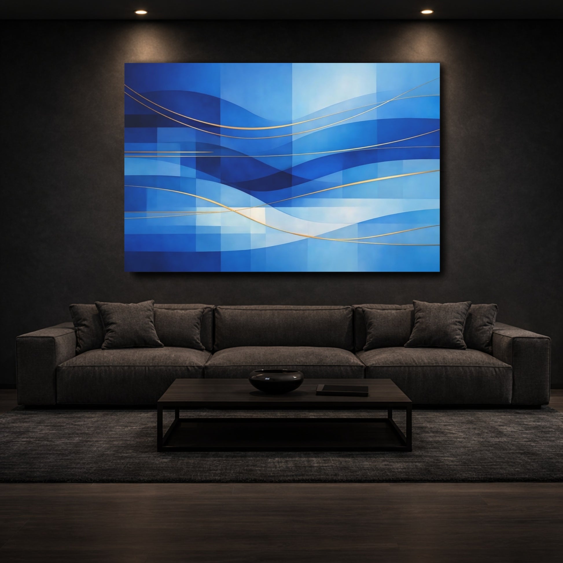 Mockup 2. Abstract Abstract Waves Blue And Gold shown as stretched canvas wall art