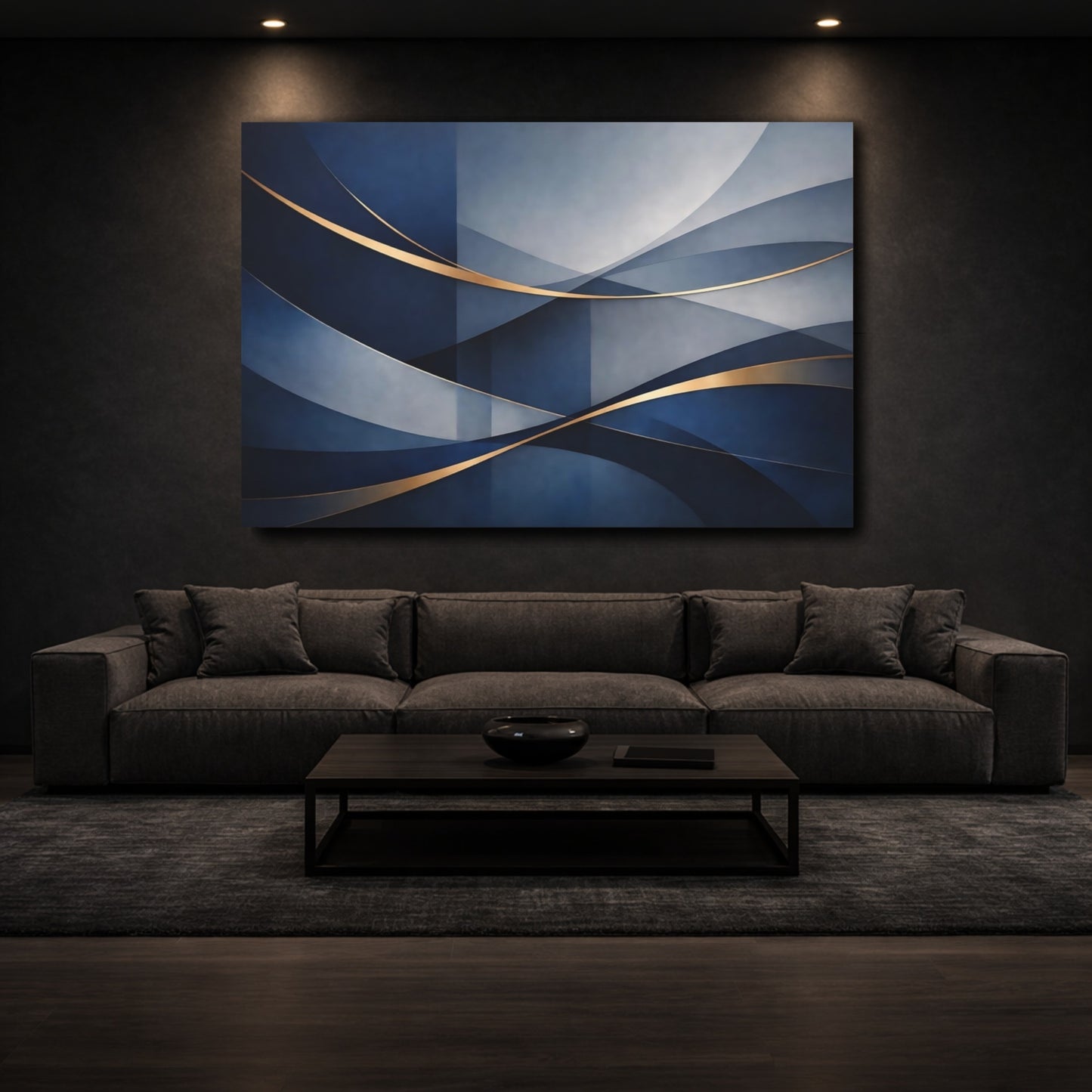 Mockup 2. Abstract Abstract Waves Blue And Gold shown as stretched canvas wall art