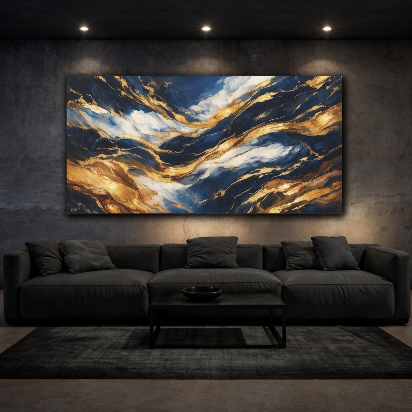 Mockup 2. Abstract Abstract Waves Blue And Gold shown as stretched canvas wall art