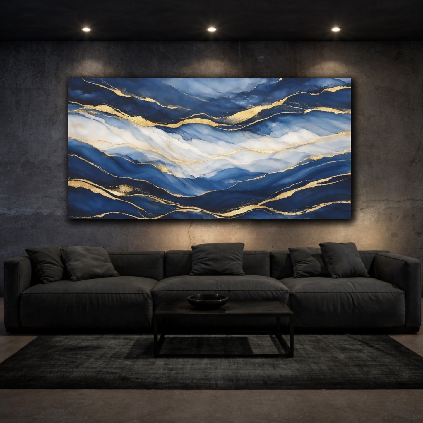 Mockup 2. Abstract Abstract Waves Blue And Gold shown as stretched canvas wall art