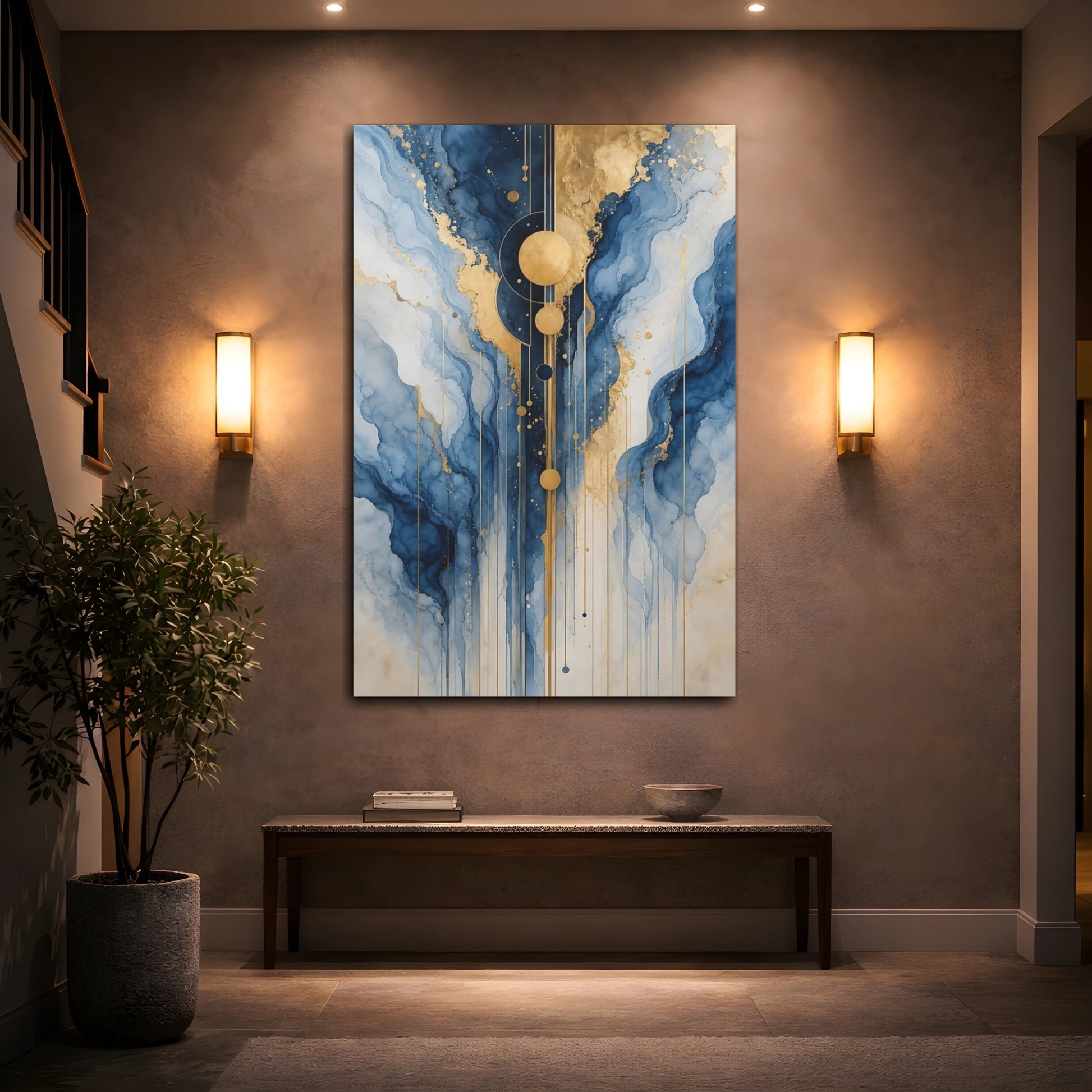 Mockup 2. Abstract Abstract Waves Blue And Gold shown as stretched canvas wall art