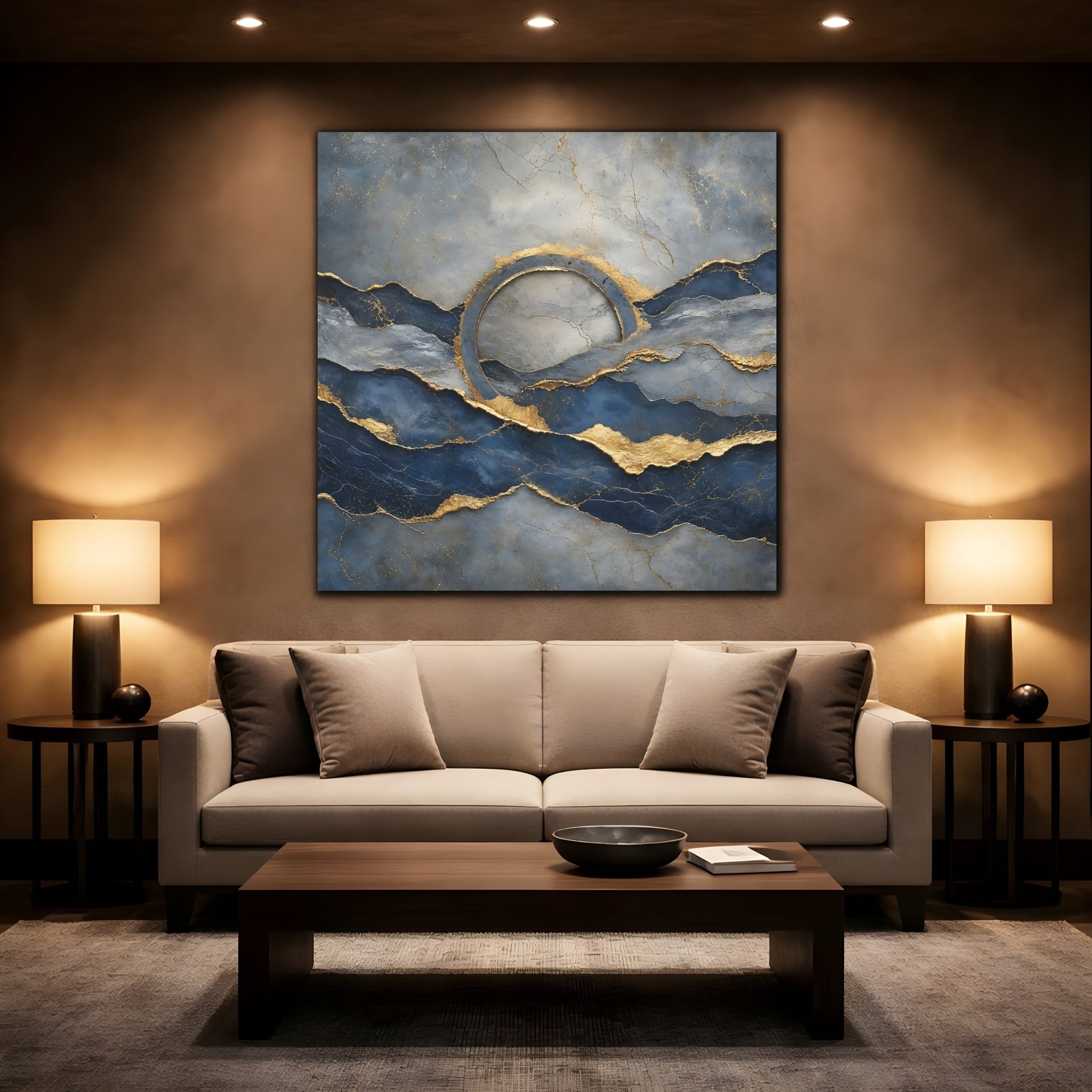 Mockup 2. Abstract Abstract Waves Blue And Gold shown as stretched canvas wall art