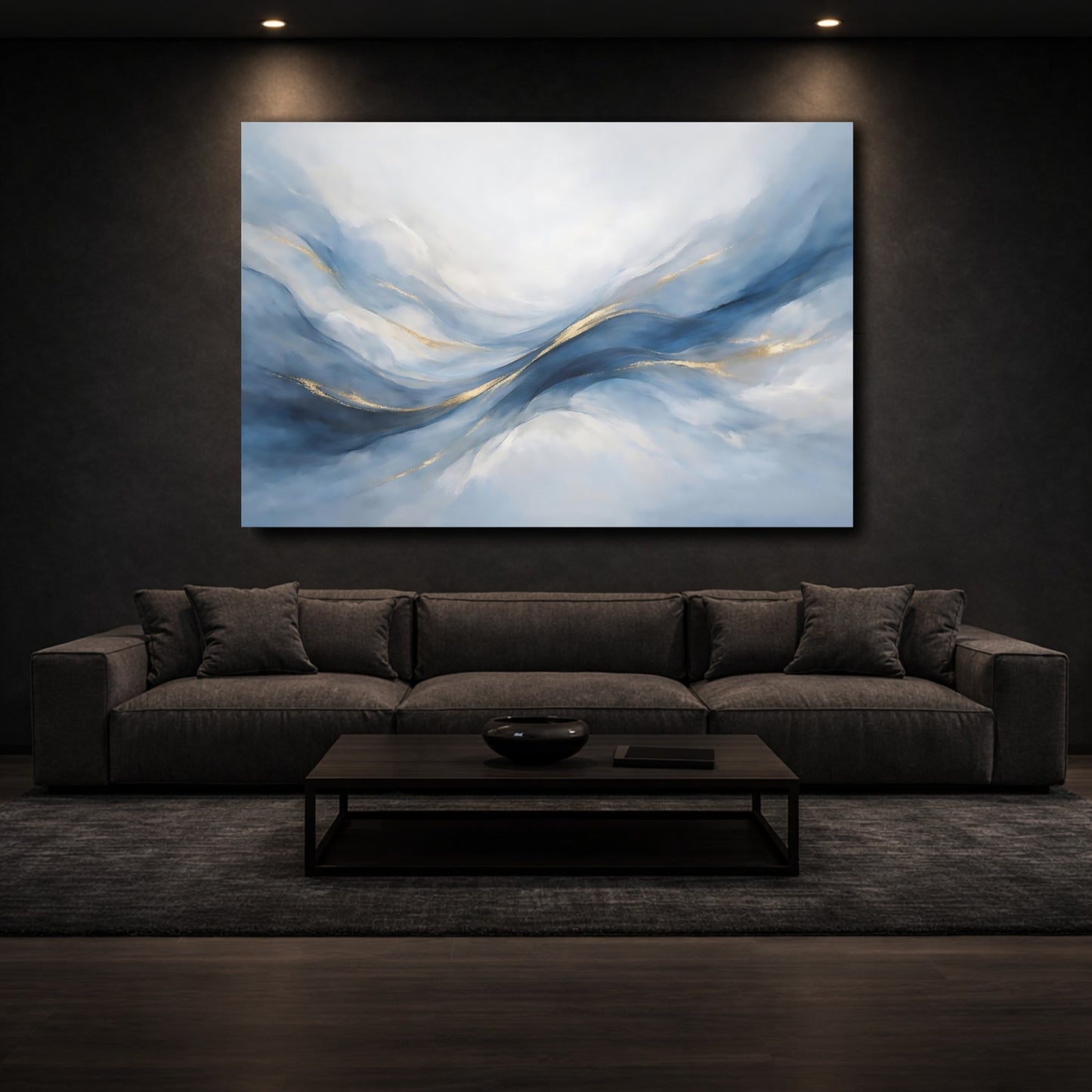 Mockup 2. Abstract Abstract Waves Blue And Gold shown as stretched canvas wall art