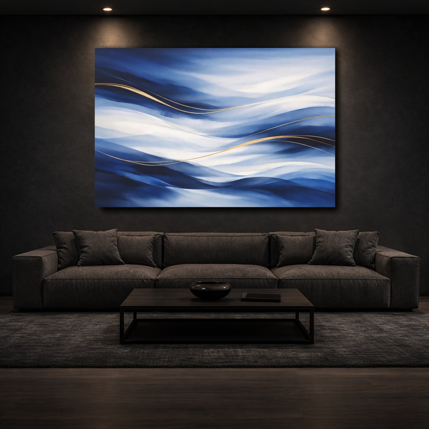 Mockup 2. Abstract Abstract Waves Blue And Gold shown as stretched canvas wall art