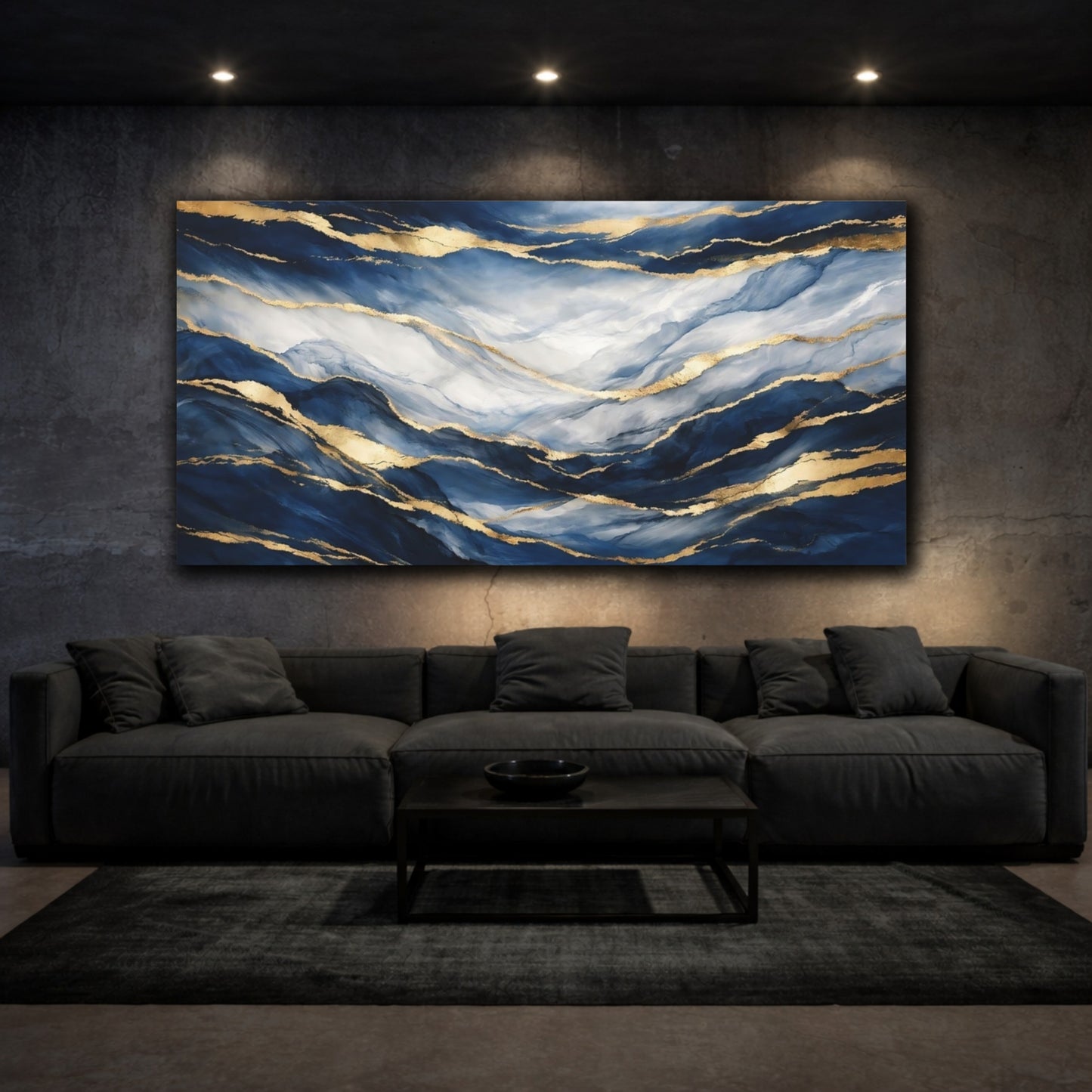 Mockup 2. Abstract Abstract Waves Blue And Gold shown as stretched canvas wall art