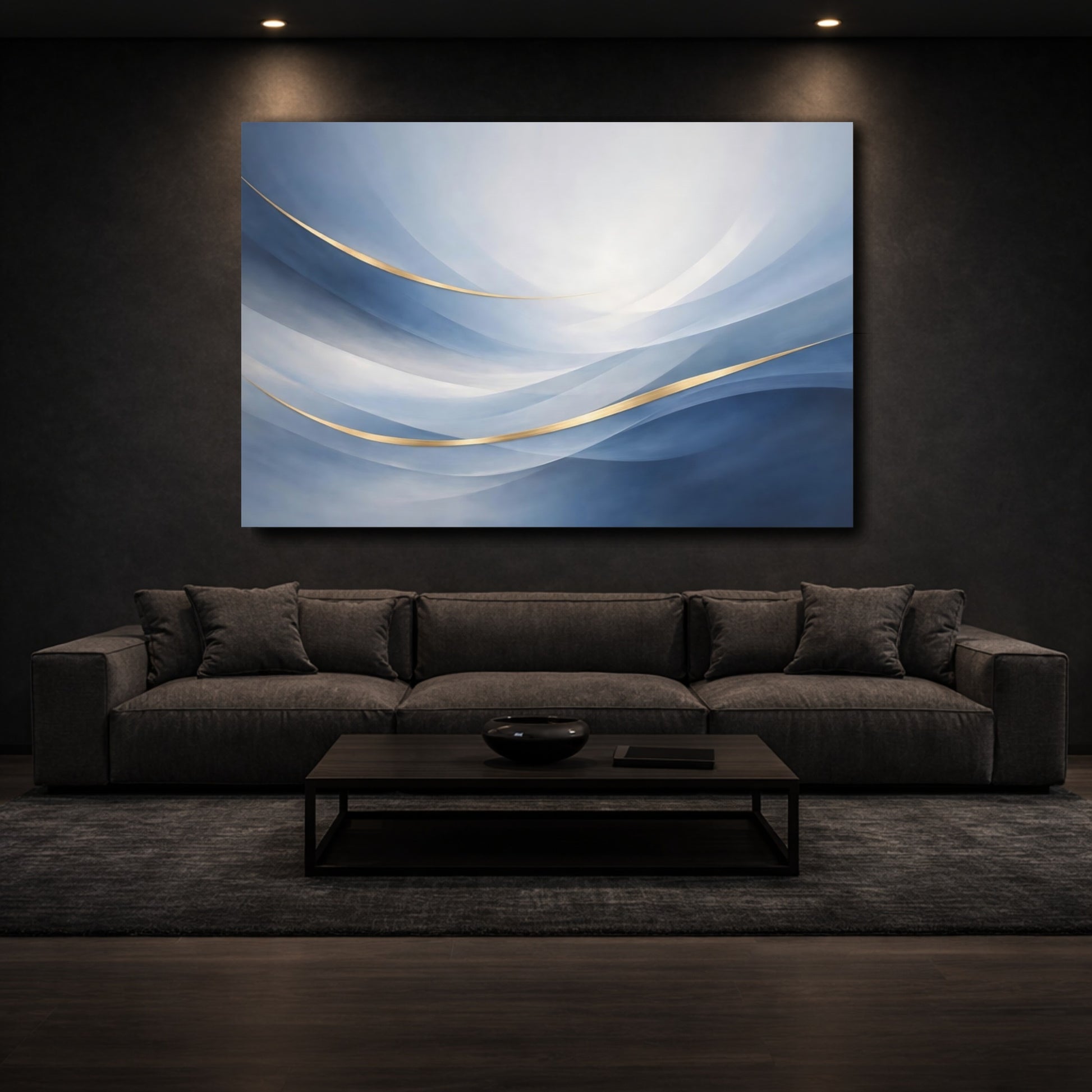 Mockup 2. Abstract Abstract Waves Blue And Gold shown as stretched canvas wall art