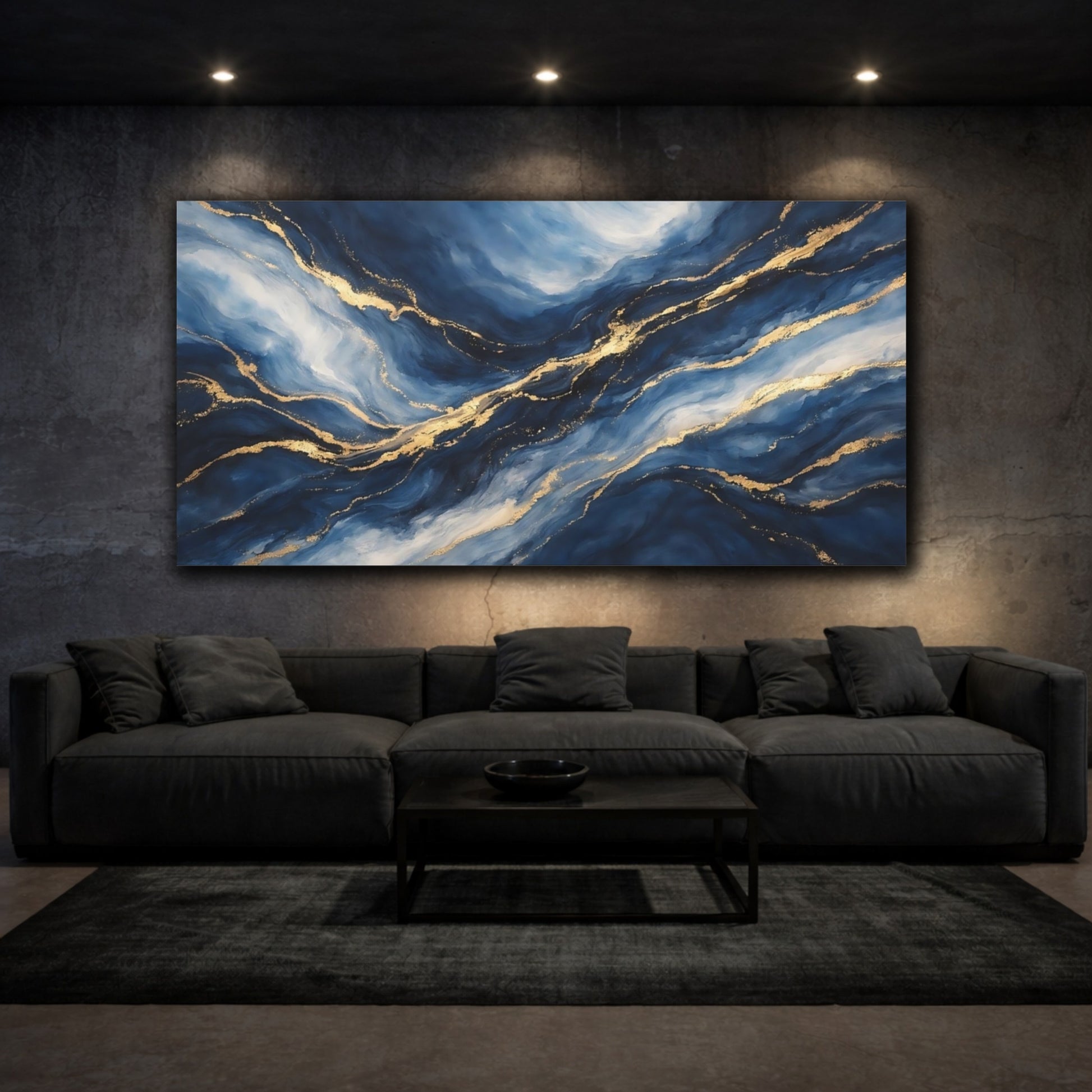 Mockup 2. Abstract Abstract Waves Blue And Gold shown as stretched canvas wall art