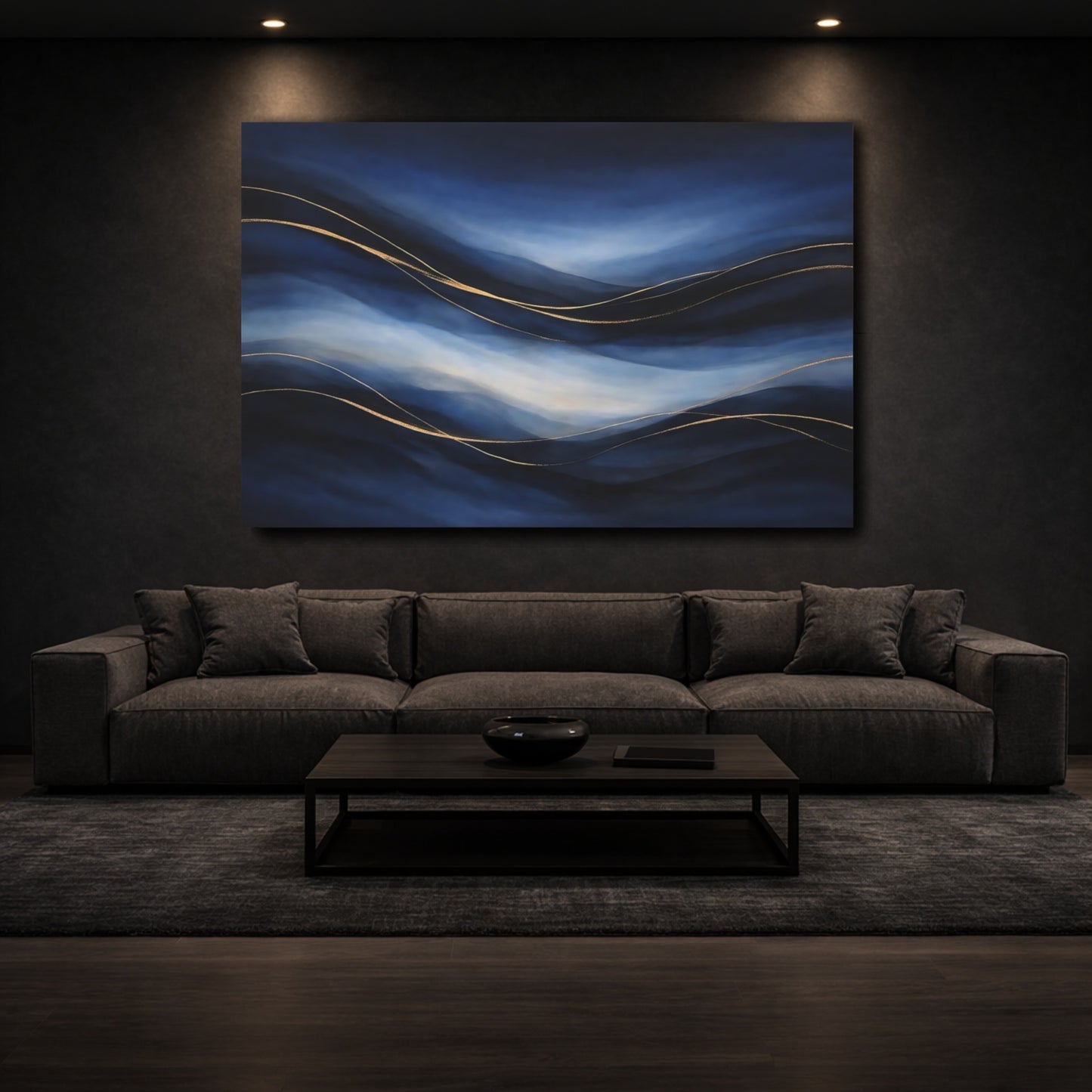 Mockup 2. Abstract Abstract Waves Blue And Gold shown as stretched canvas wall art