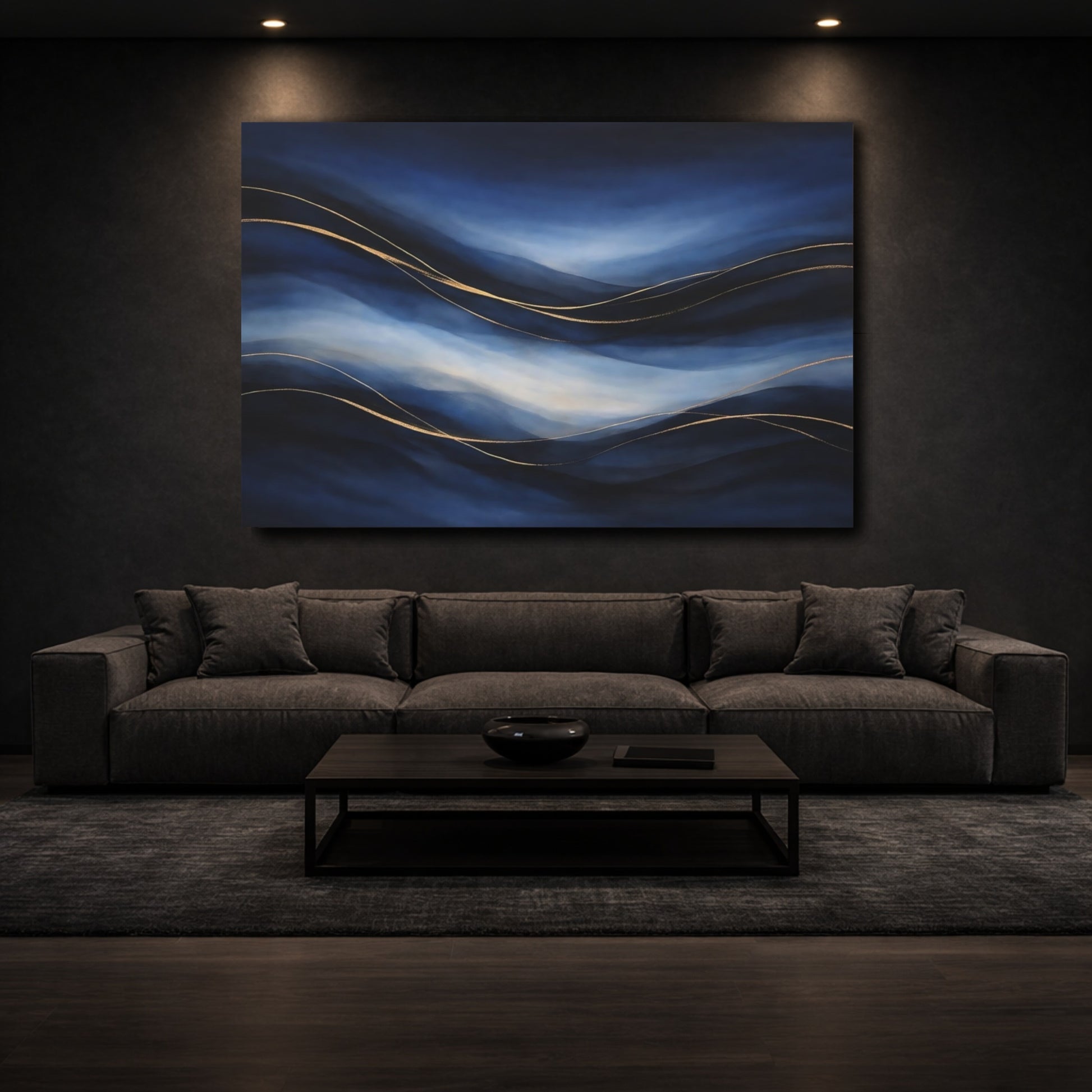 Mockup 2. Abstract Abstract Waves Blue And Gold shown as stretched canvas wall art