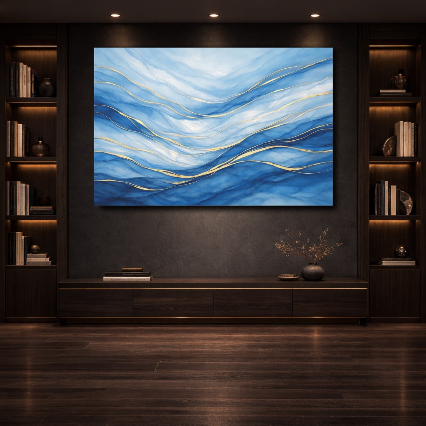 Mockup 3. Abstract Abstract Waves Blue And Gold shown as stretched canvas wall art