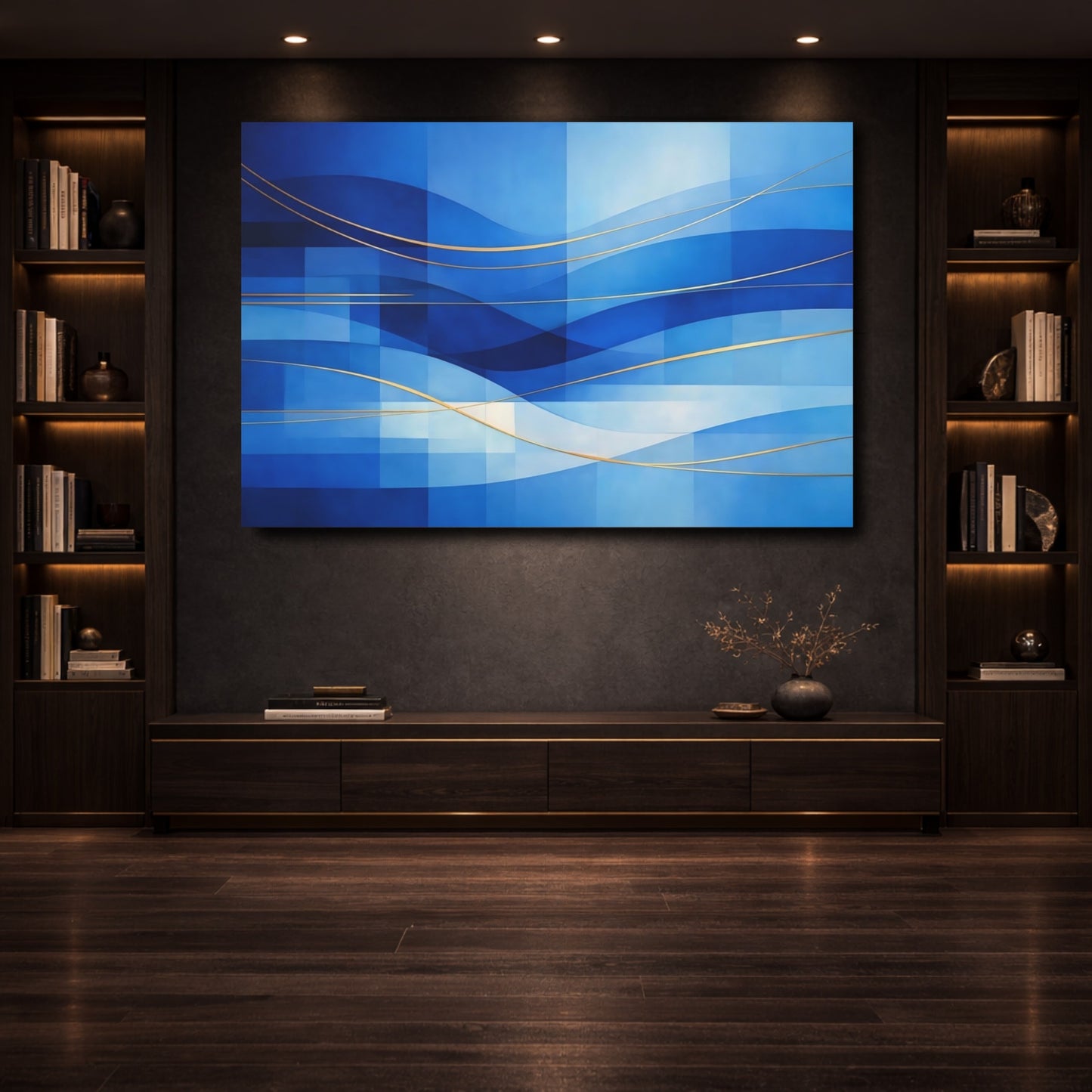 Mockup 3. Abstract Abstract Waves Blue And Gold shown as stretched canvas wall art