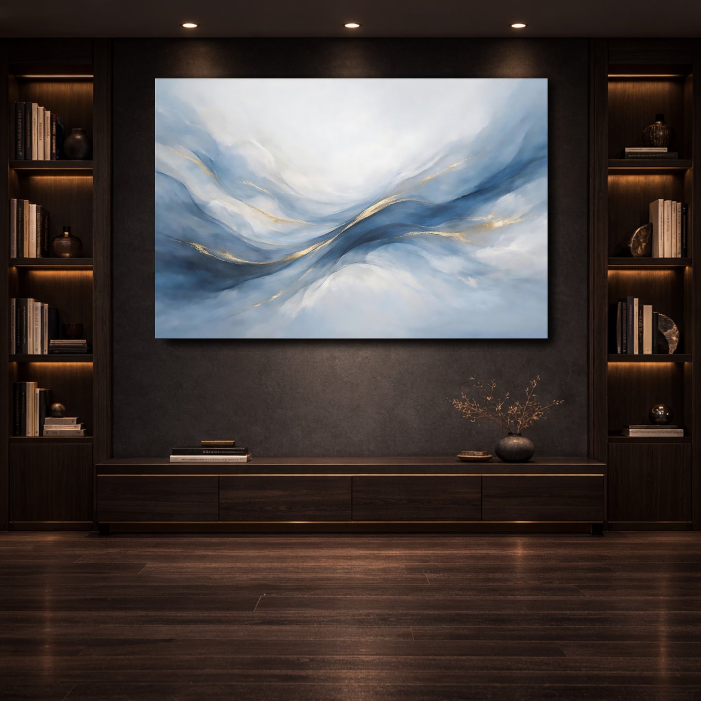 Mockup 3. Abstract Abstract Waves Blue And Gold shown as stretched canvas wall art