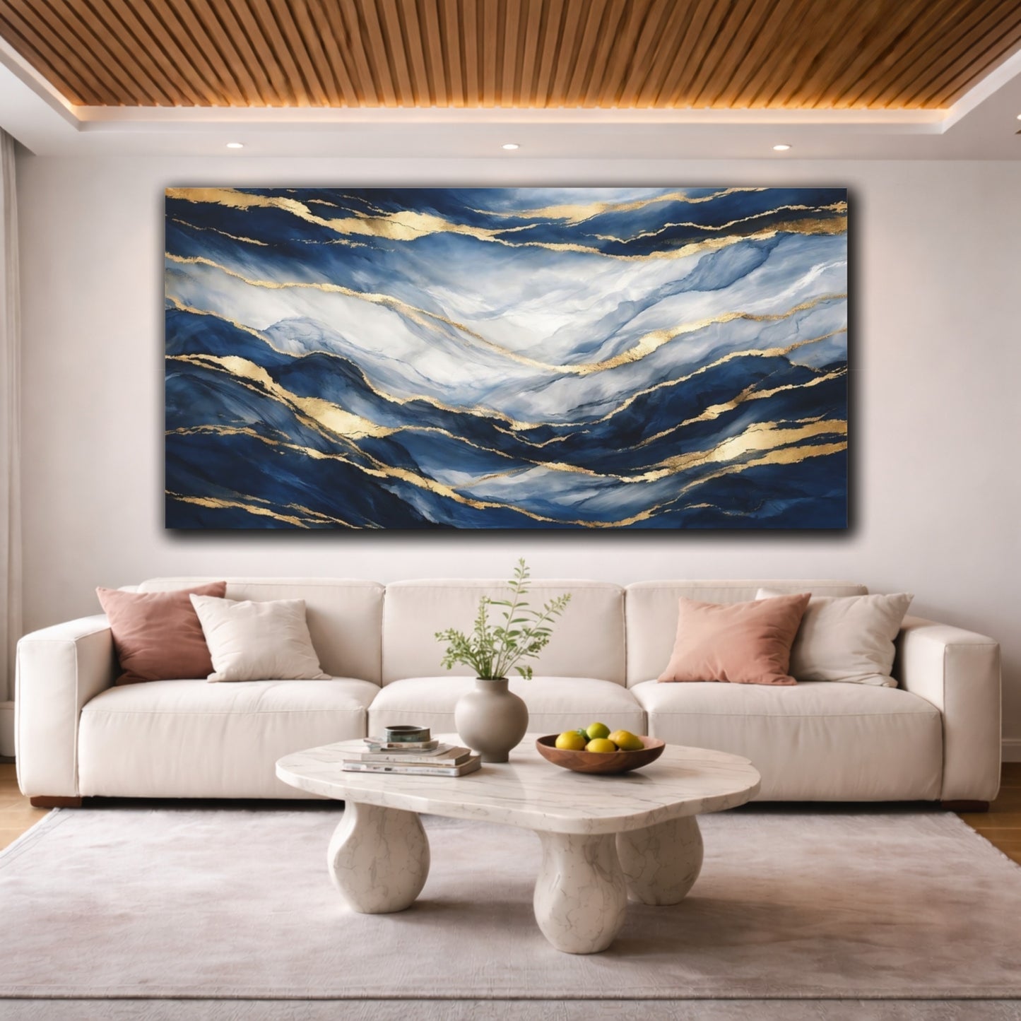Mockup 3. Abstract Abstract Waves Blue And Gold shown as stretched canvas wall art
