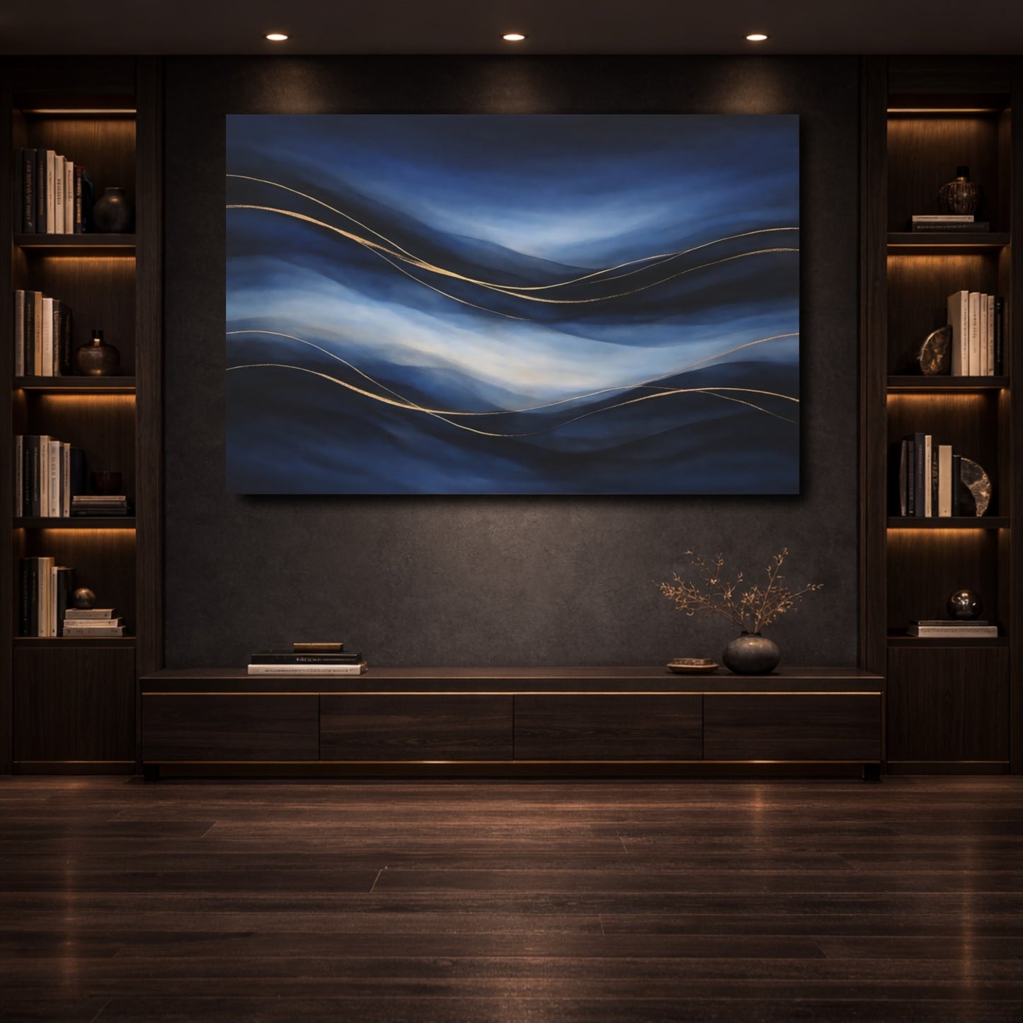 Mockup 3. Abstract Abstract Waves Blue And Gold shown as stretched canvas wall art