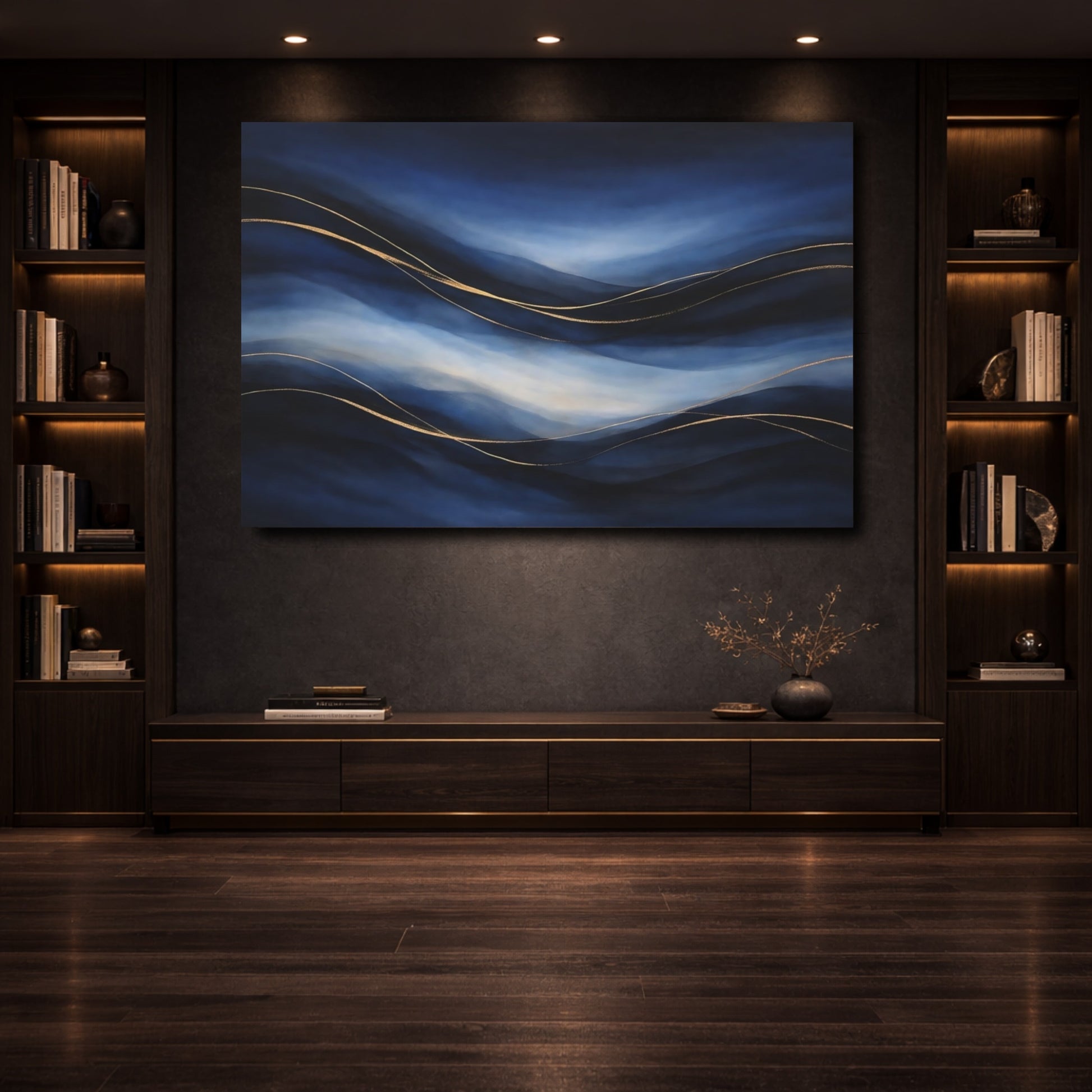Mockup 3. Abstract Abstract Waves Blue And Gold shown as stretched canvas wall art