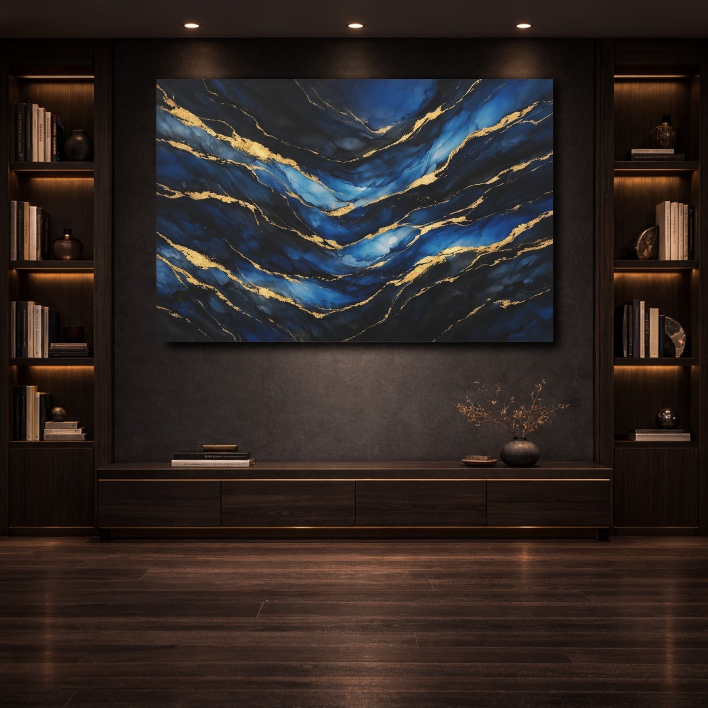 Mockup 3. Abstract Abstract Waves Blue And Gold shown as stretched canvas wall art