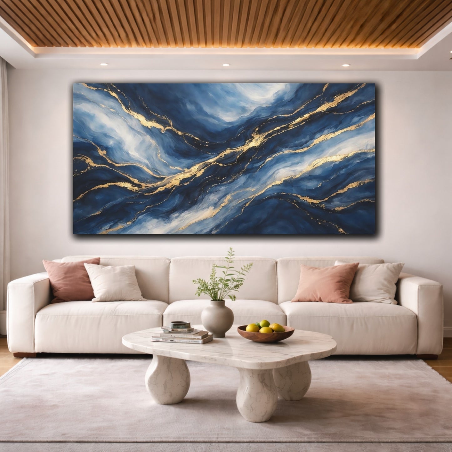 Mockup 3. Abstract Abstract Waves Blue And Gold shown as stretched canvas wall art