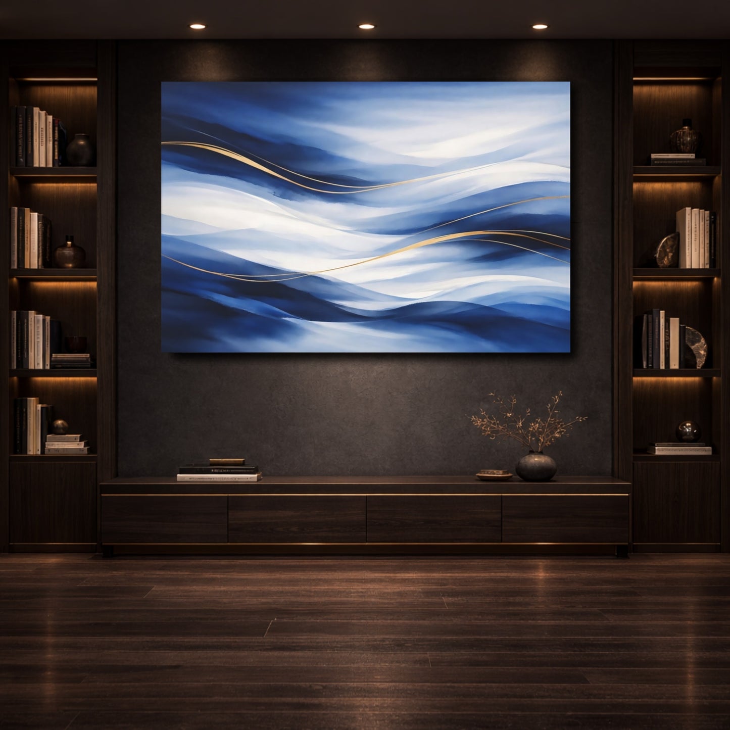 Mockup 3. Abstract Abstract Waves Blue And Gold shown as stretched canvas wall art