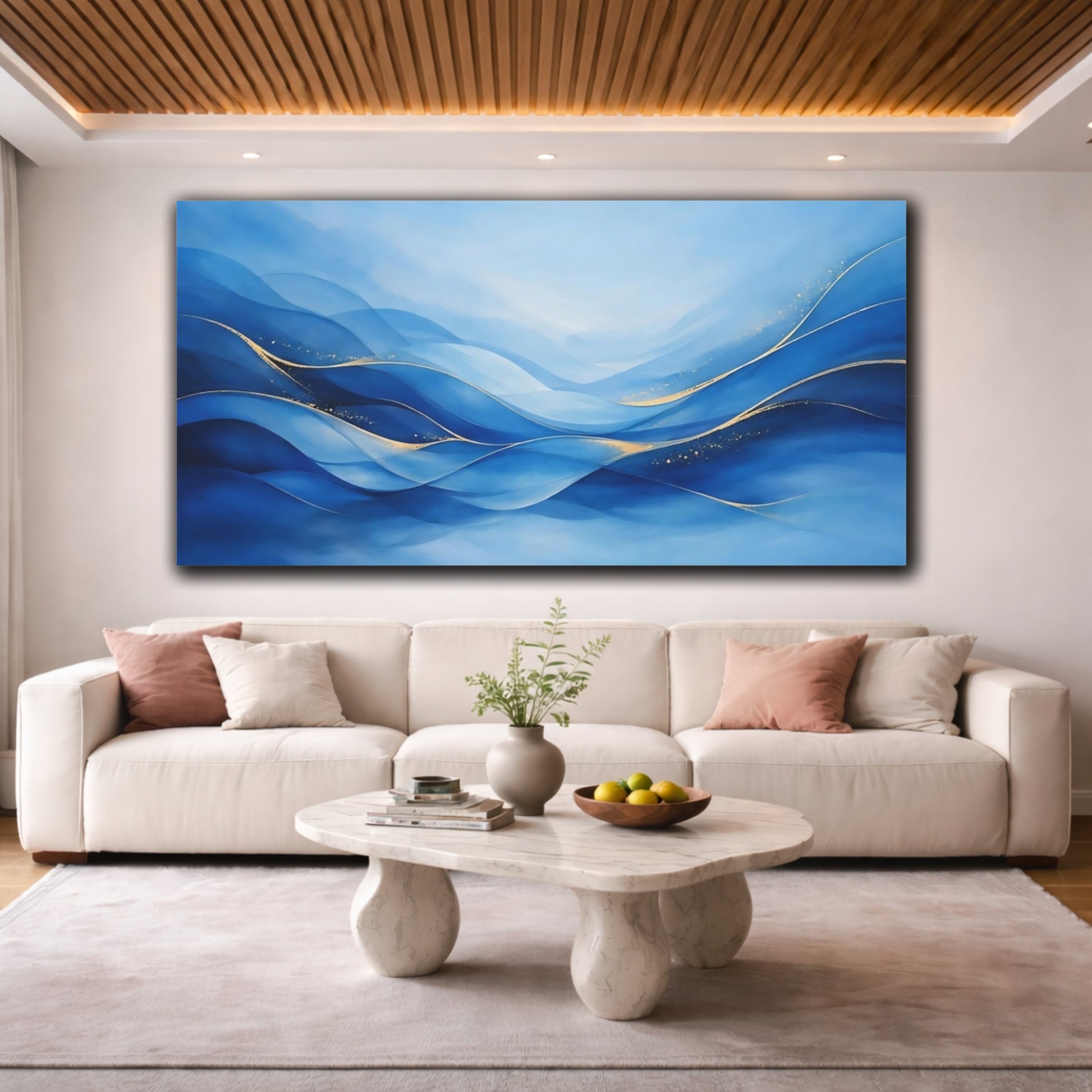 Mockup 3. Abstract Abstract Waves Blue And Gold shown as stretched canvas wall art