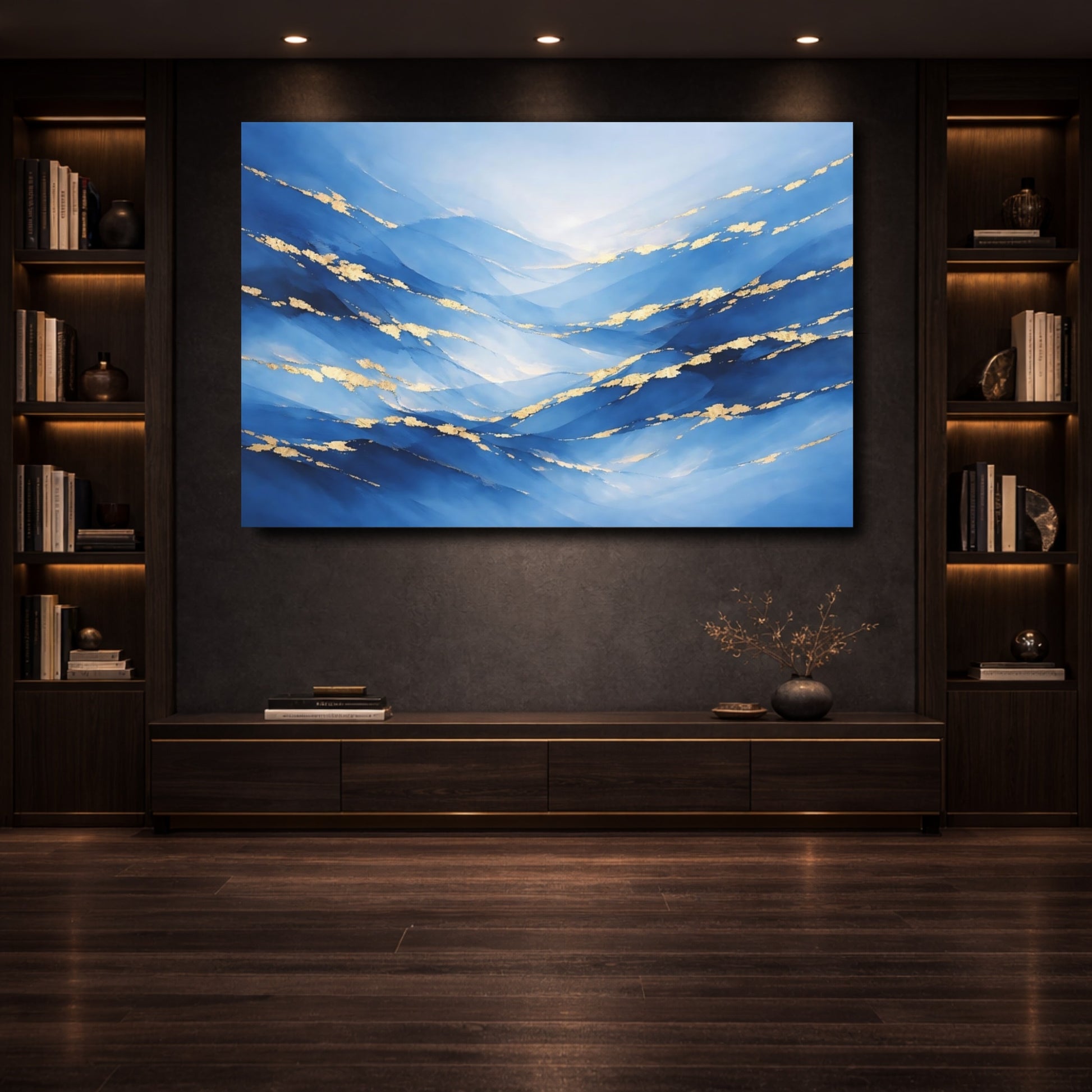 Mockup 3. Abstract Abstract Waves Blue And Gold shown as stretched canvas wall art