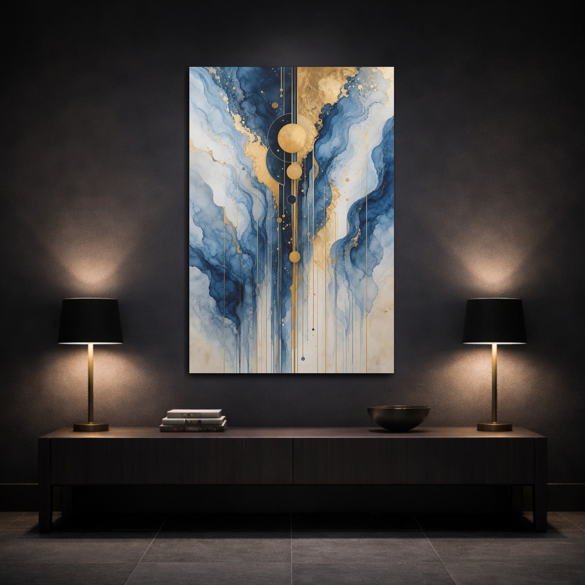 Mockup 3. Abstract Abstract Waves Blue And Gold shown as stretched canvas wall art