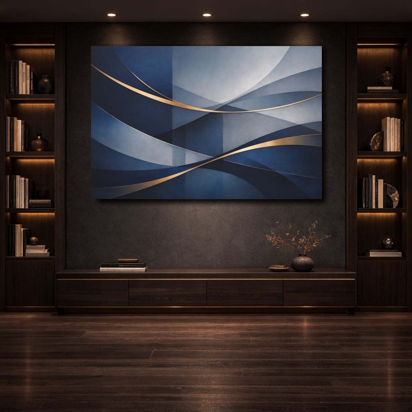 Mockup 3. Abstract Abstract Waves Blue And Gold shown as stretched canvas wall art