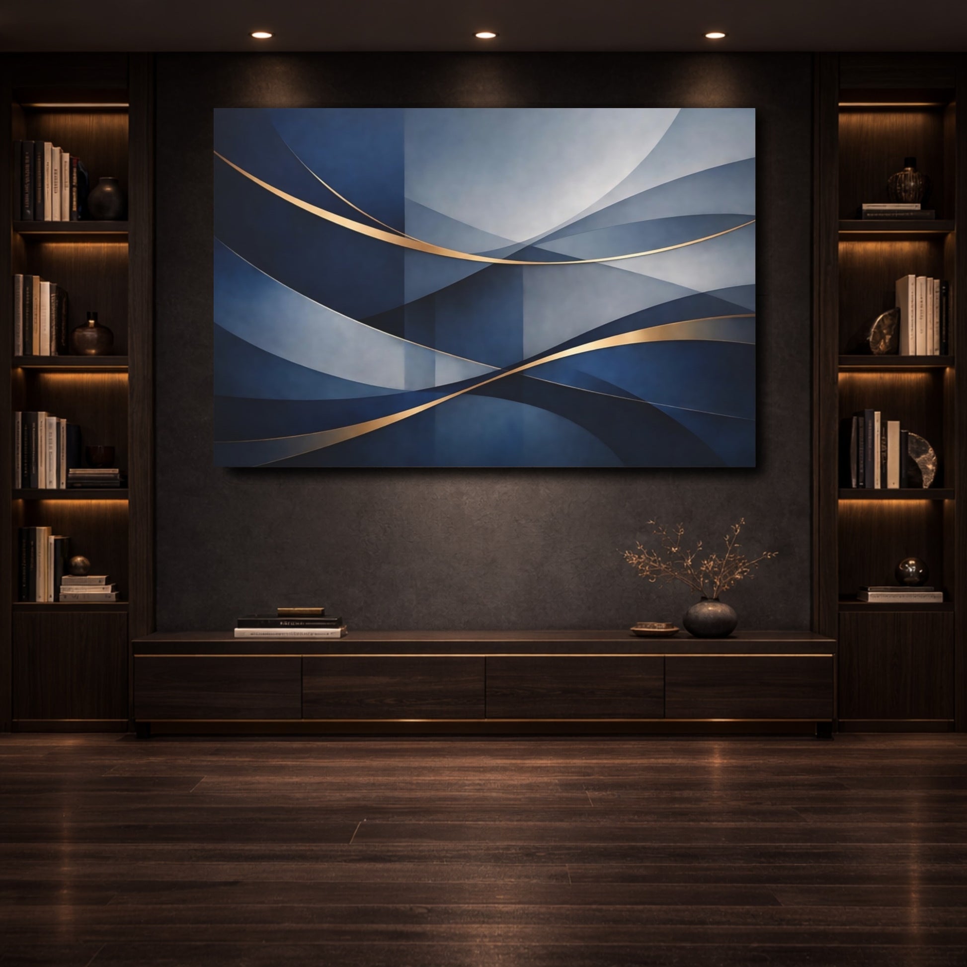Mockup 3. Abstract Abstract Waves Blue And Gold shown as stretched canvas wall art