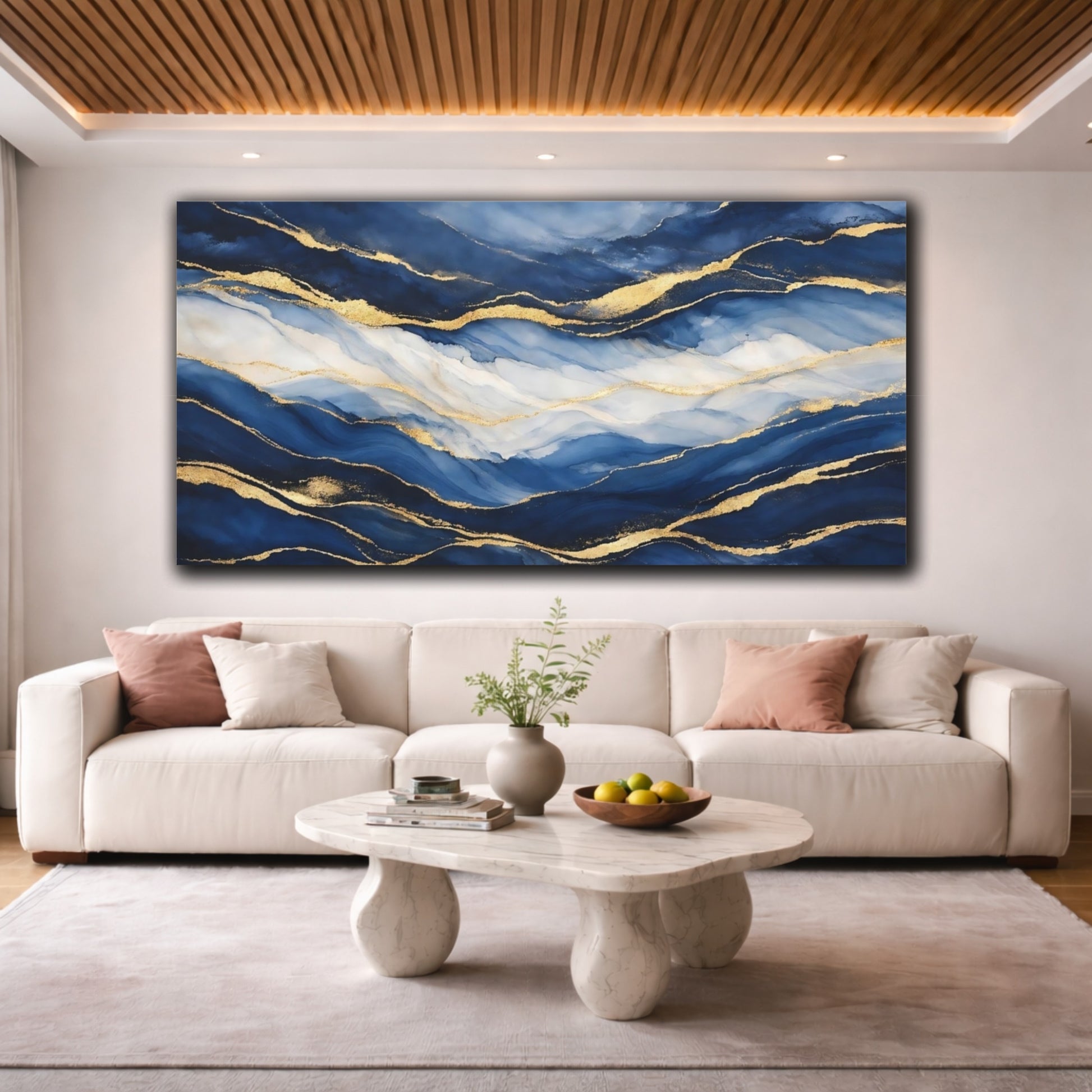 Mockup 3. Abstract Abstract Waves Blue And Gold shown as stretched canvas wall art