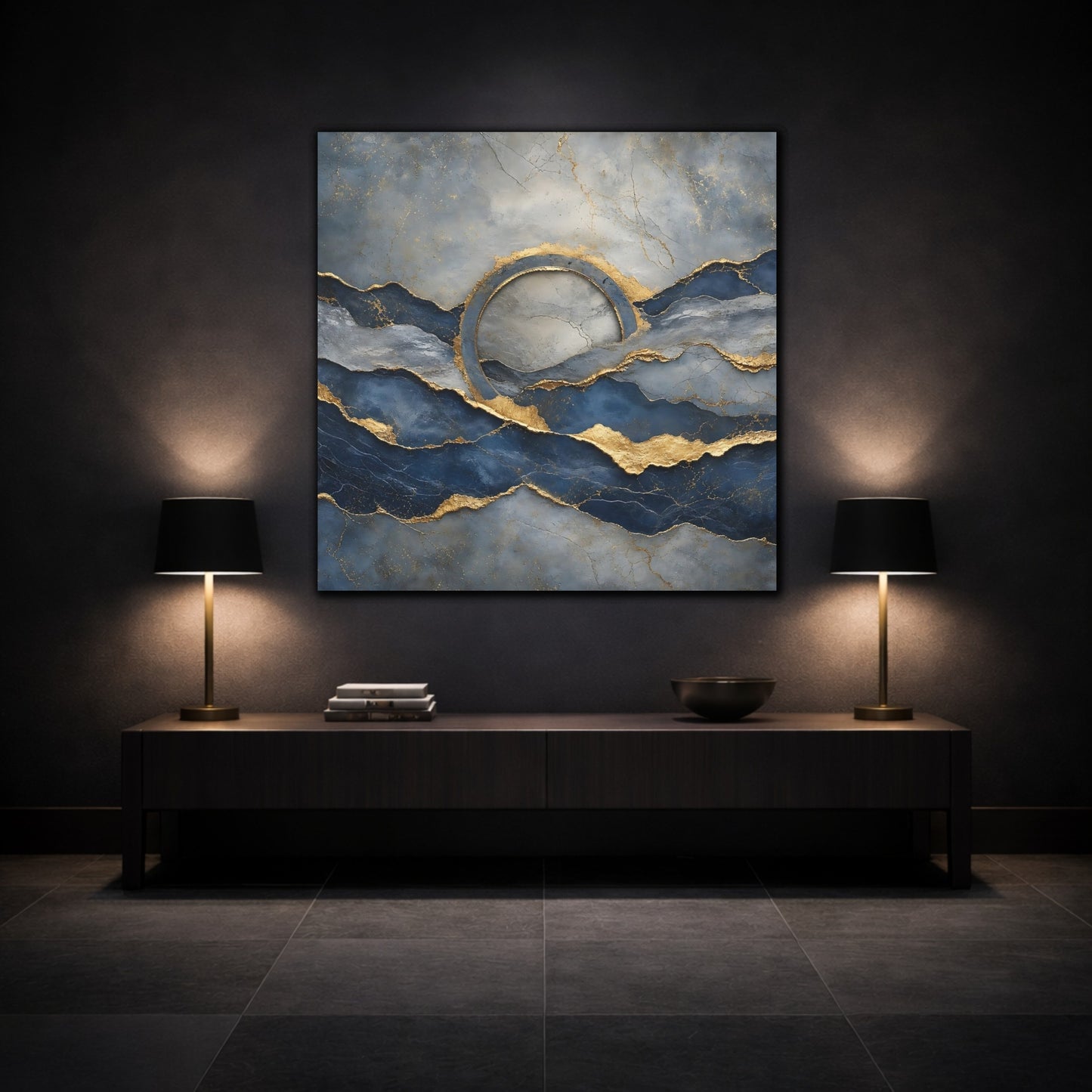Mockup 3. Abstract Abstract Waves Blue And Gold shown as stretched canvas wall art