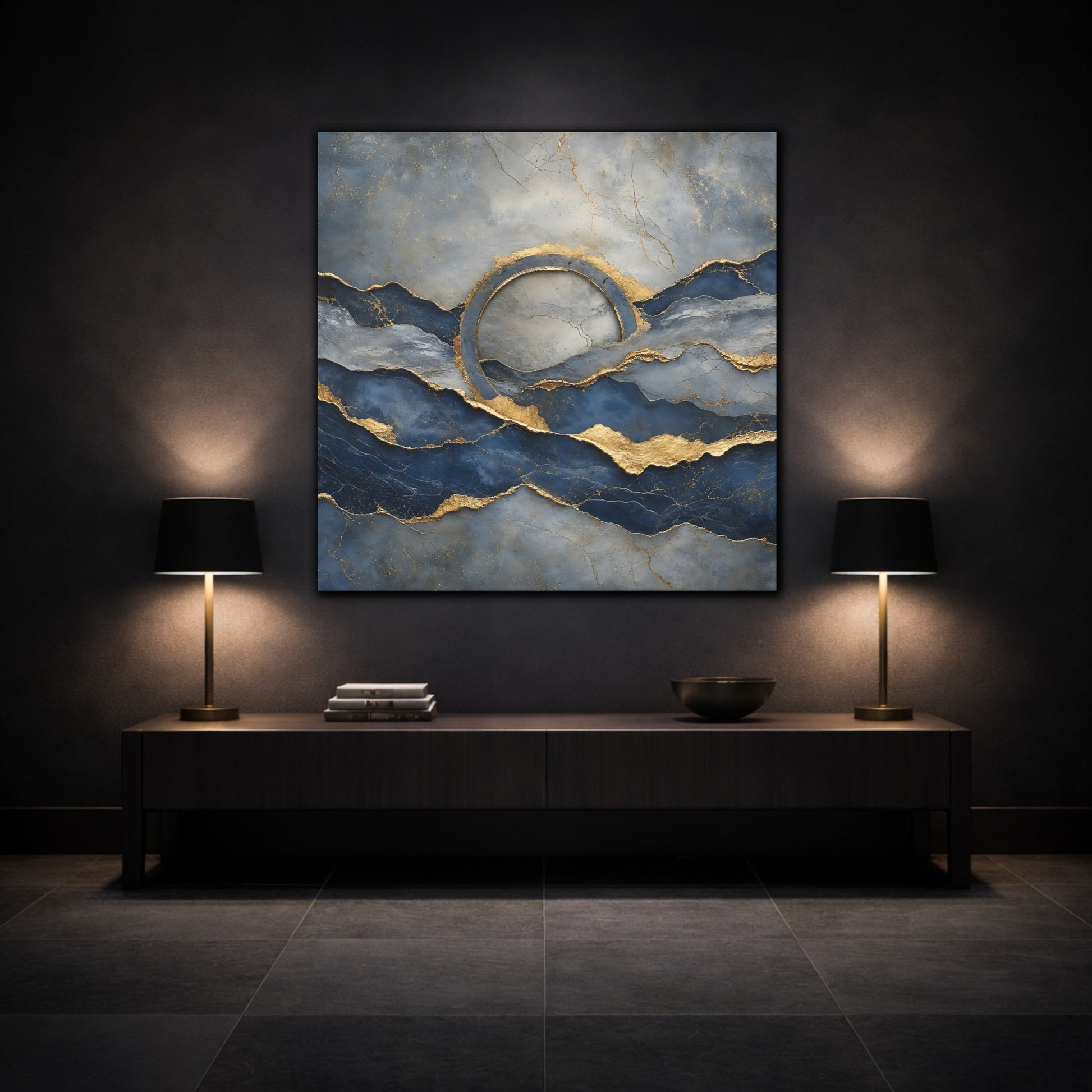 Mockup 3. Abstract Abstract Waves Blue And Gold shown as stretched canvas wall art