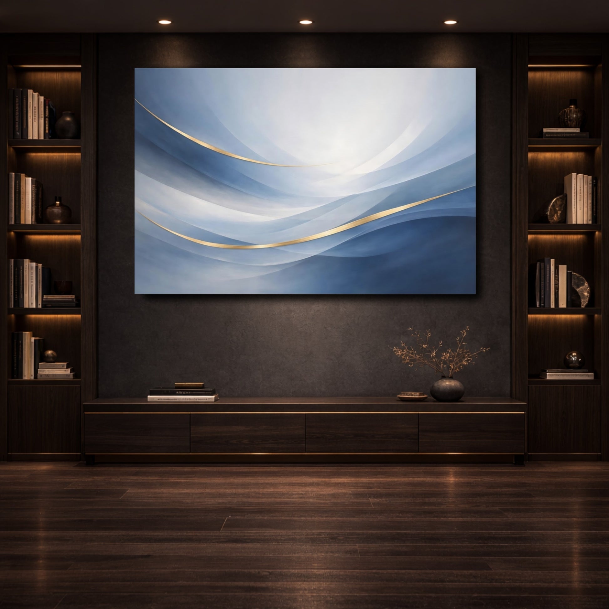 Mockup 3. Abstract Abstract Waves Blue And Gold shown as stretched canvas wall art