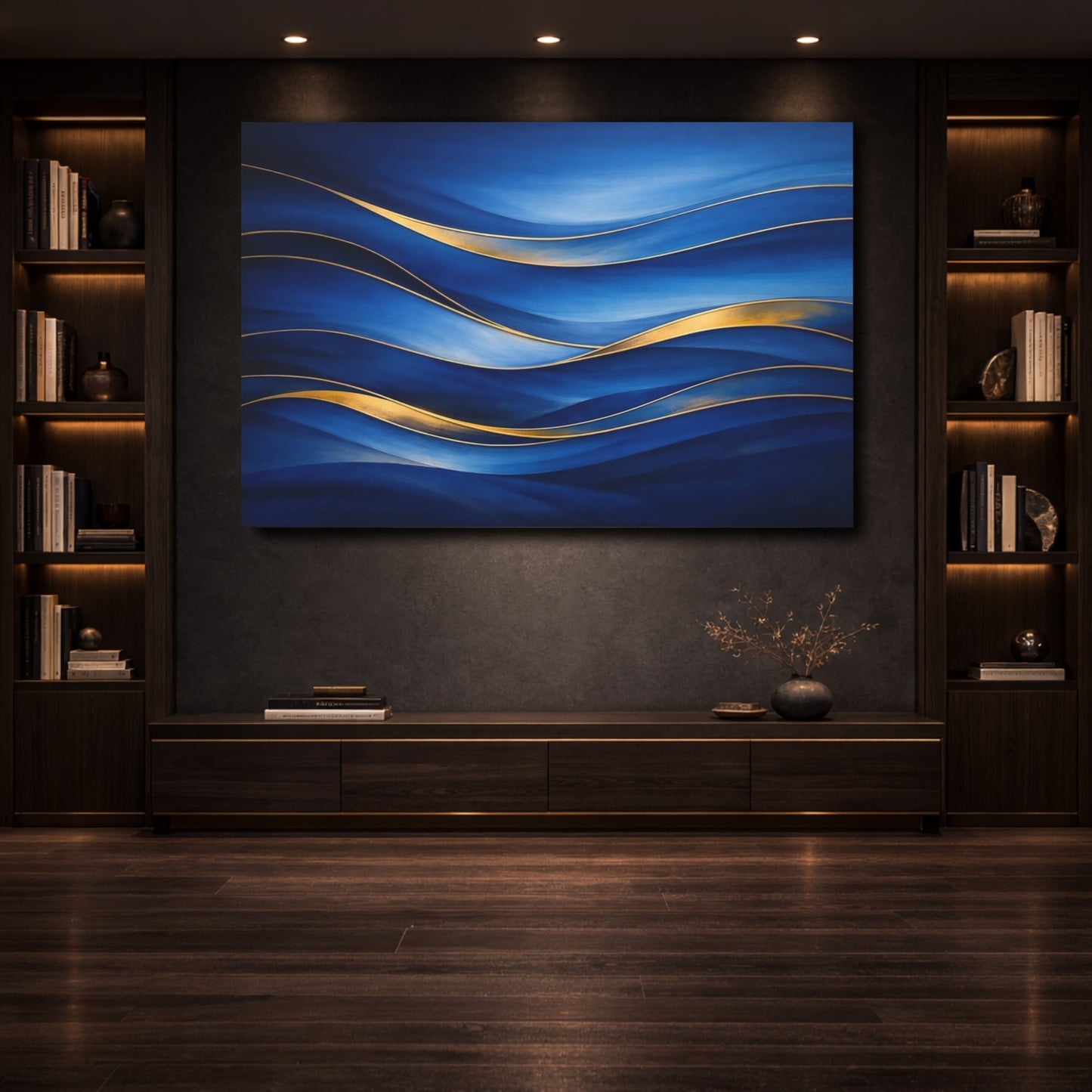 Mockup 3. Abstract Abstract Waves Blue And Gold shown as stretched canvas wall art