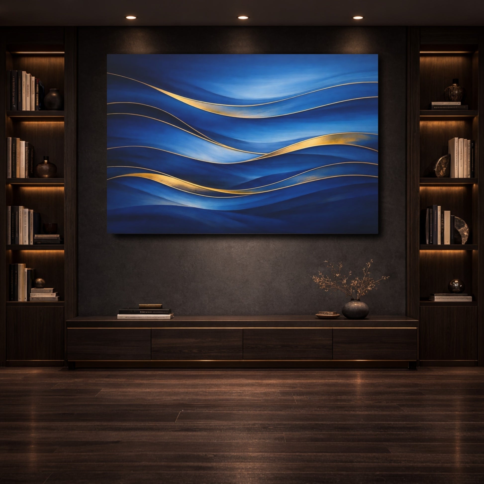 Mockup 3. Abstract Abstract Waves Blue And Gold shown as stretched canvas wall art