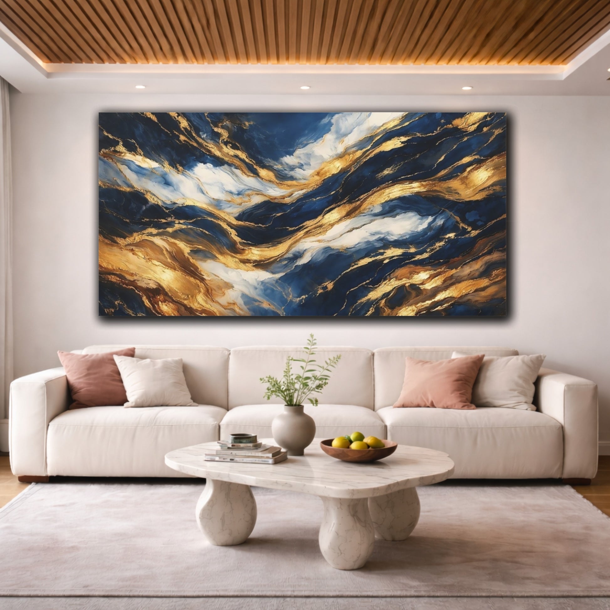 Mockup 3. Abstract Abstract Waves Blue And Gold shown as stretched canvas wall art