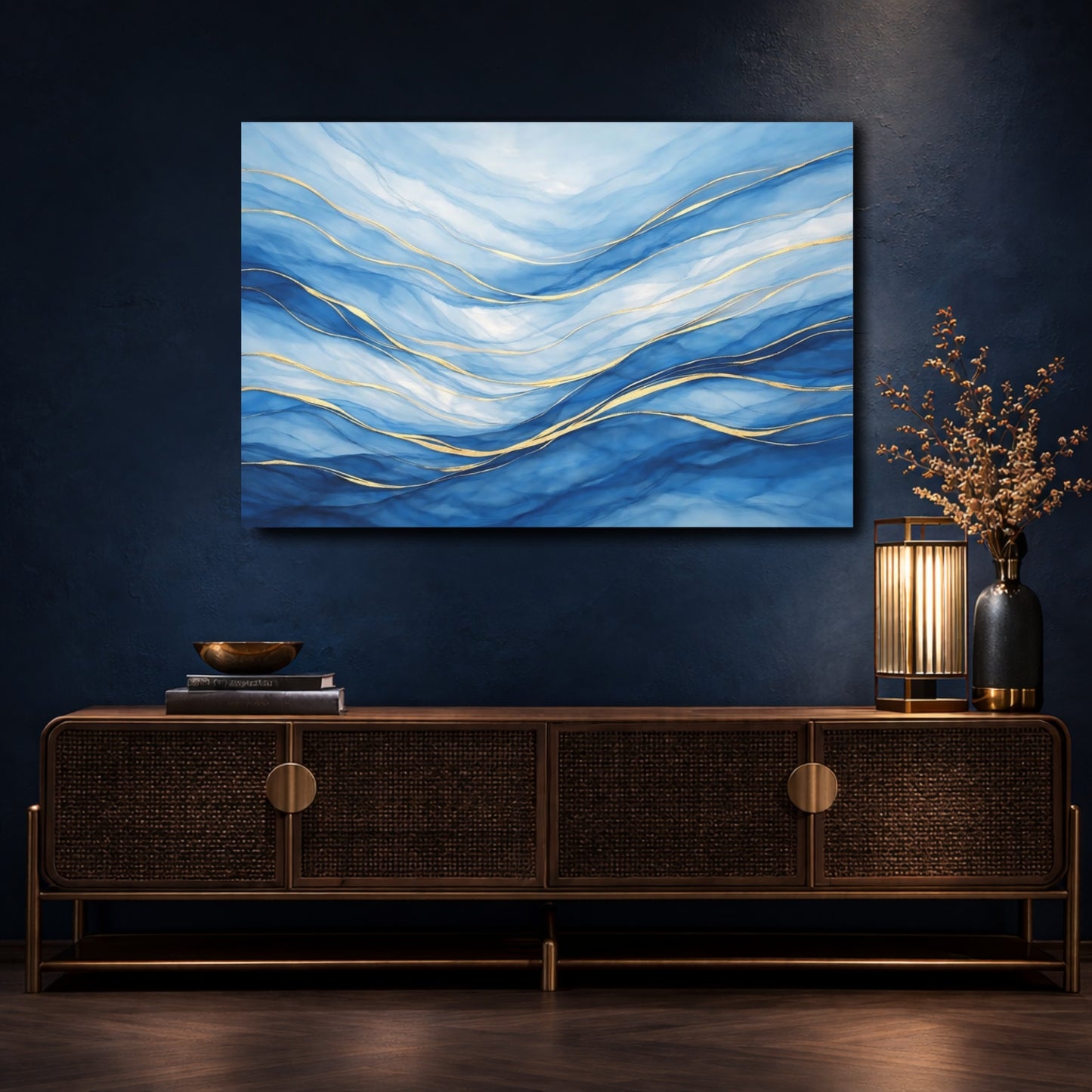 Mockup 4. Abstract Abstract Waves Blue And Gold shown as stretched canvas wall art