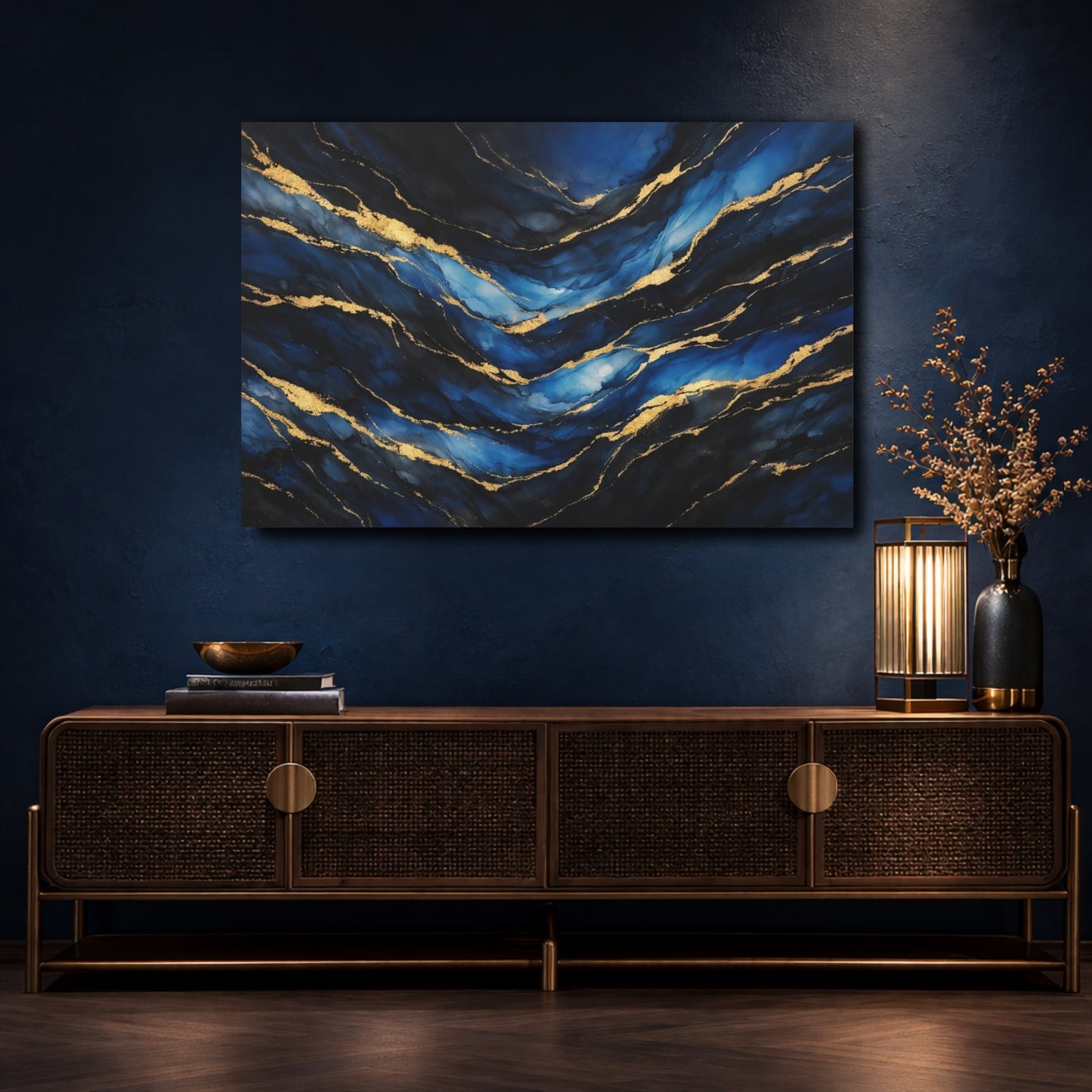 Mockup 4. Abstract Abstract Waves Blue And Gold shown as stretched canvas wall art