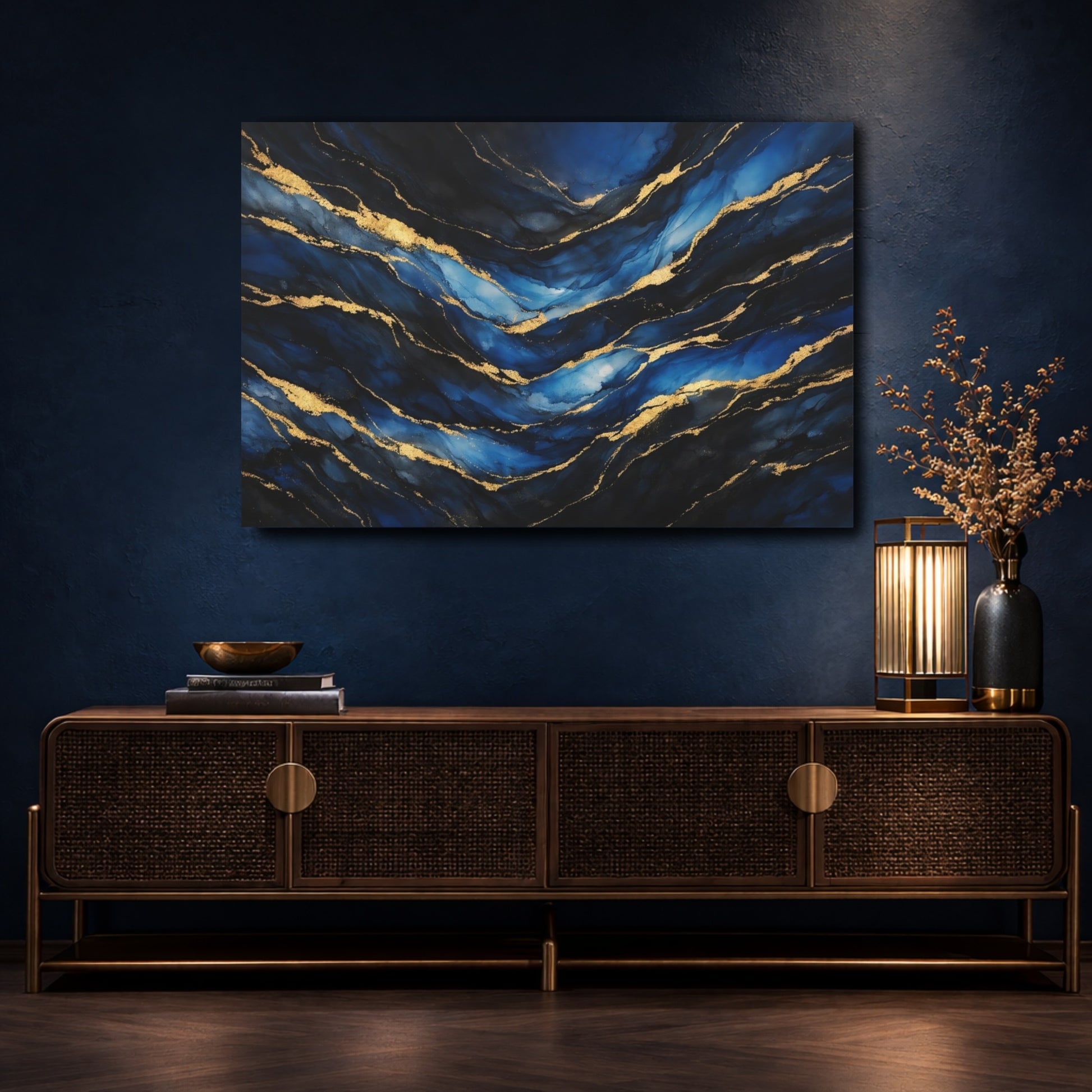 Mockup 4. Abstract Abstract Waves Blue And Gold shown as stretched canvas wall art