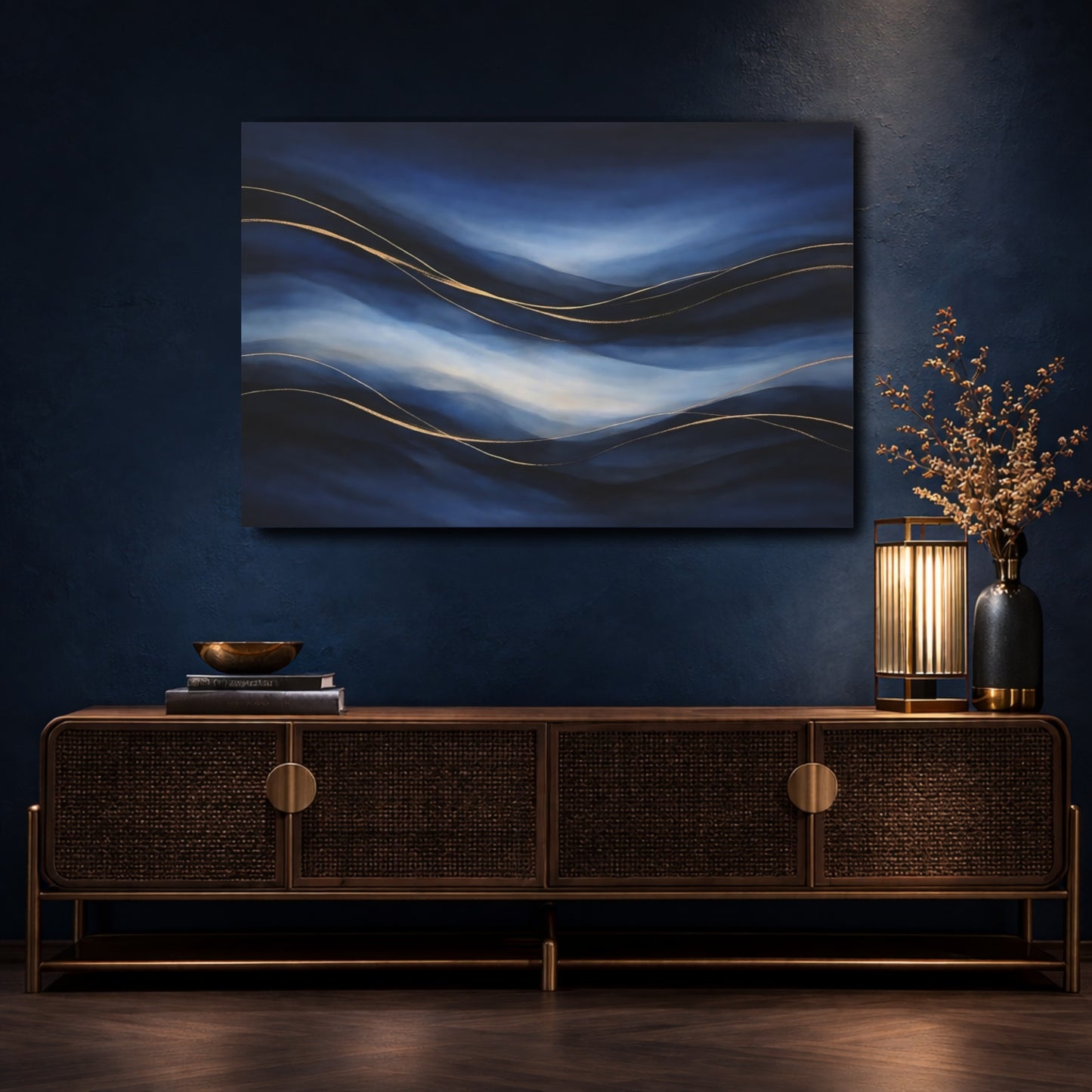 Mockup 4. Abstract Abstract Waves Blue And Gold shown as stretched canvas wall art