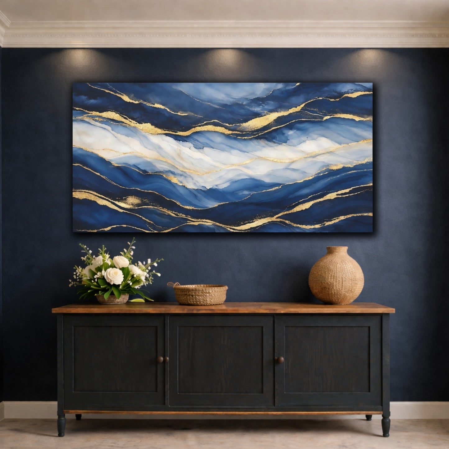 Mockup 4. Abstract Abstract Waves Blue And Gold shown as stretched canvas wall art