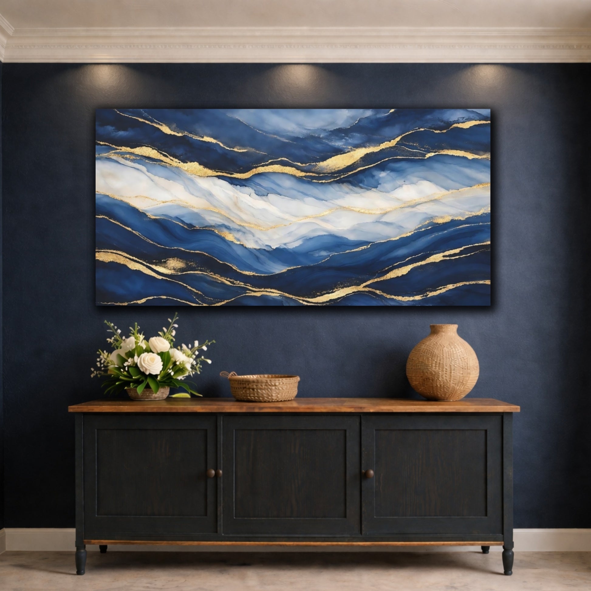 Mockup 4. Abstract Abstract Waves Blue And Gold shown as stretched canvas wall art